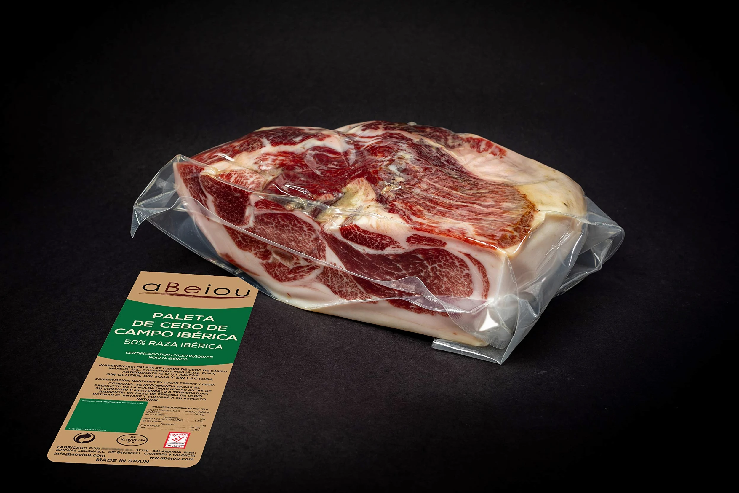 Paleta Ibérica de Cebo de Campo Deshuesado Sin Hueso 50% Raza Ibérica 1 kg — Curación +28 Meses — Cert. Hycer — Guijuelo Salamanca — aBeiou