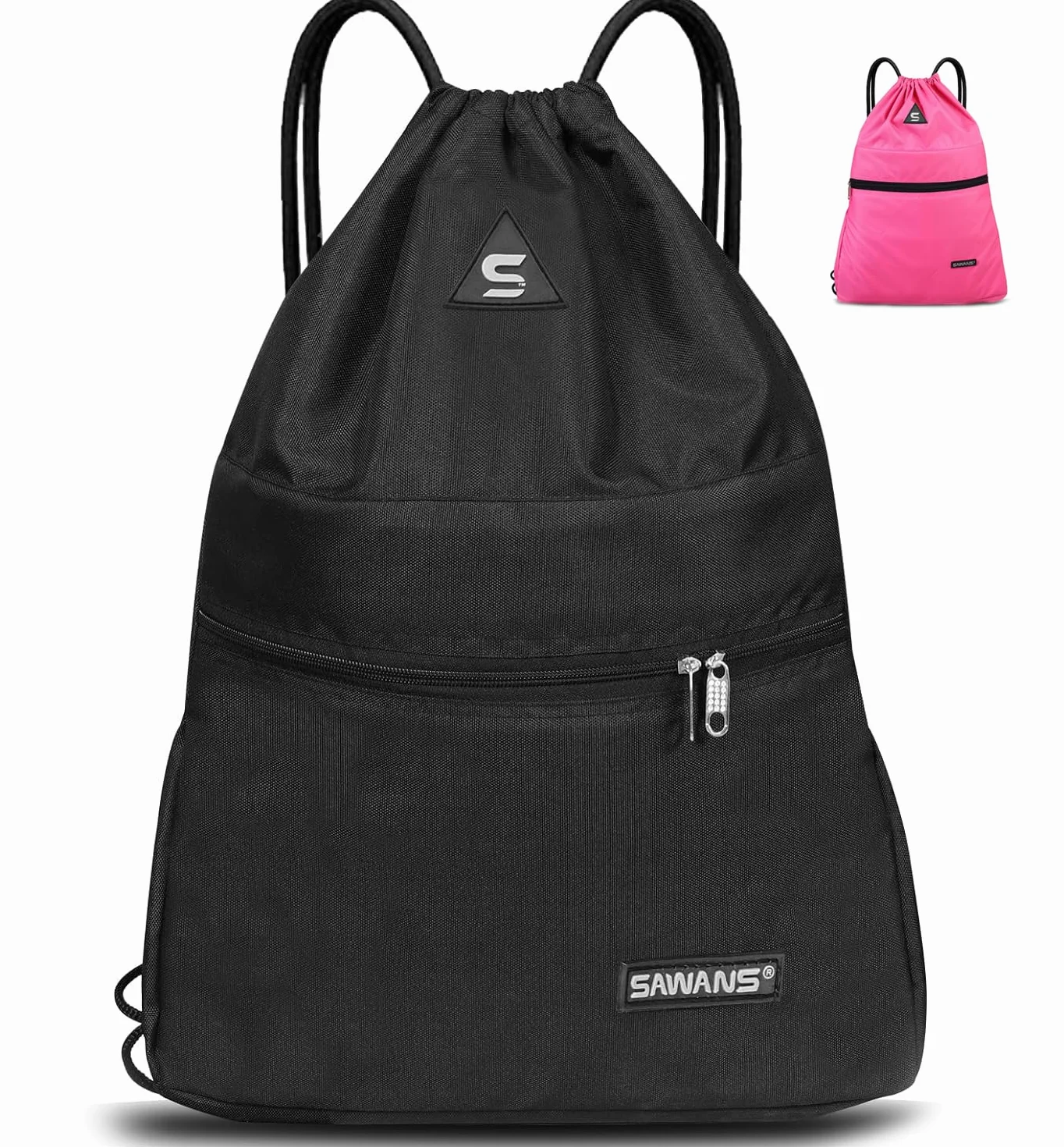 SAWANS Bolsa deportiva de gimnasio impermeable con cordón y bolsillo, kit de viaje para senderismo escuela estudiantes, bolsa de polietileno al aire libre Negra