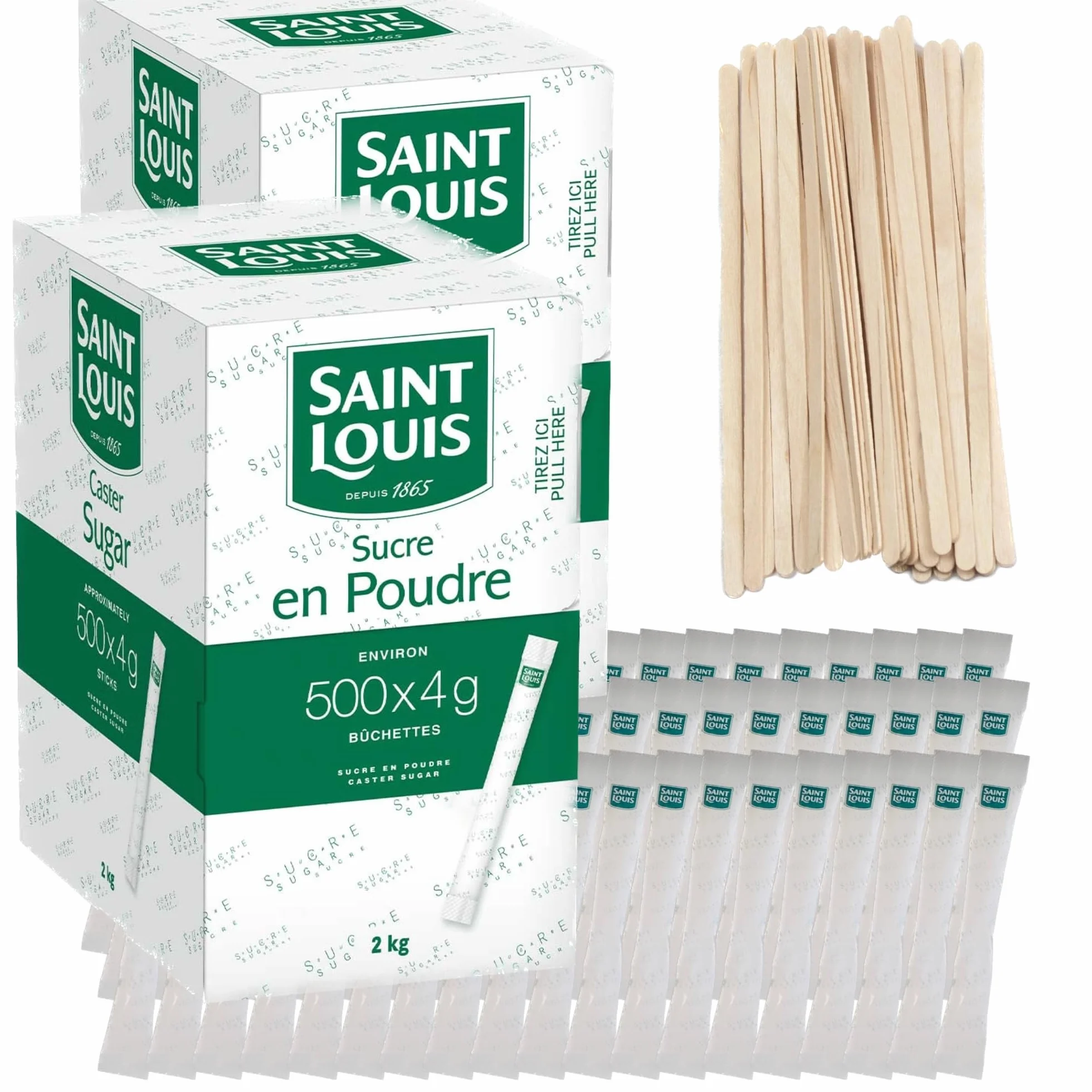 Lote de 1000 sobres de azúcar cristalizado SAINT LOUIS en palitos individuales de 4 g (2 kg x 2) con agitadores de madera – Ideal para bebidas calientes, cafés y tés – 2 cajas de 500 sobres