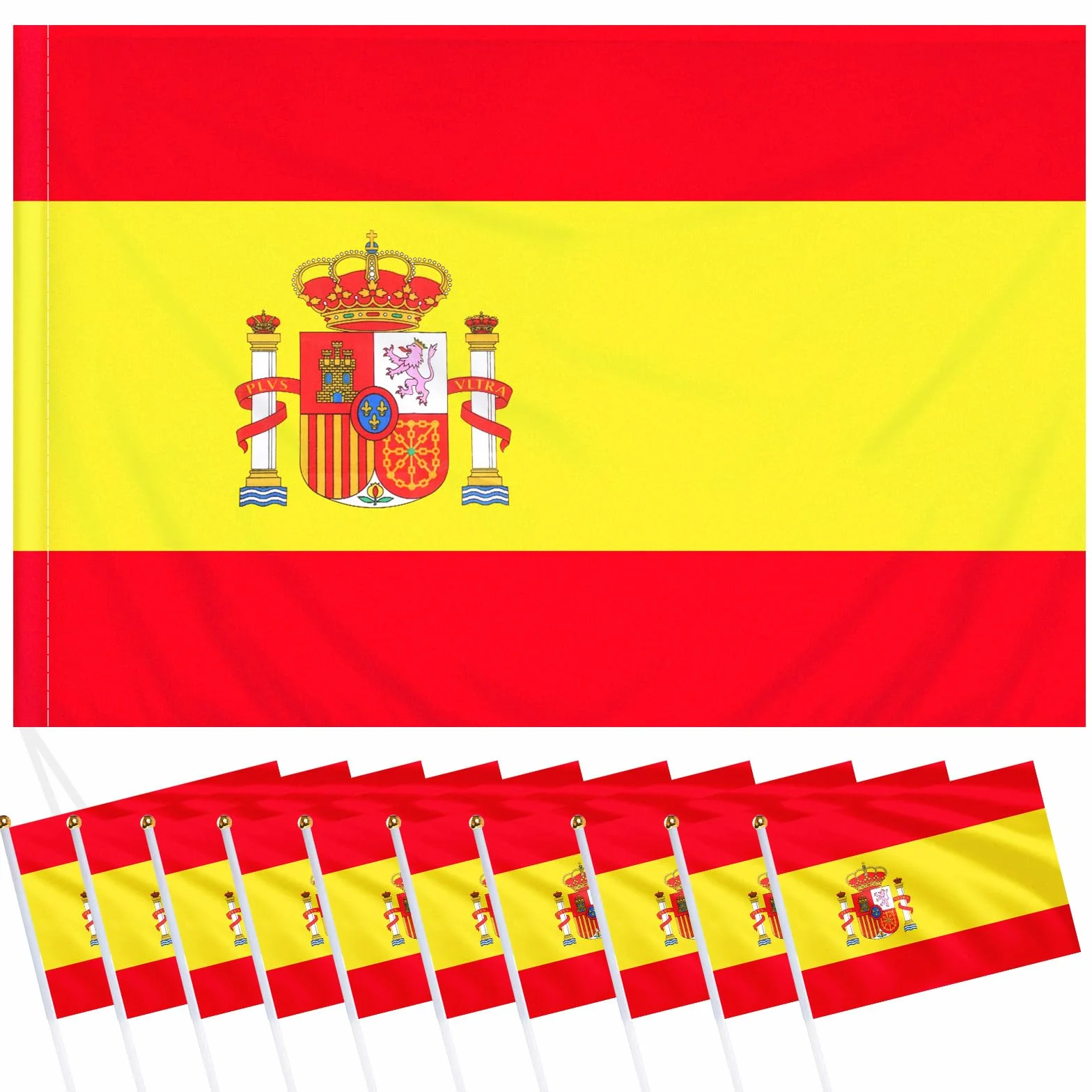 Bandera de España Grande 90x145 cm + 10 Mini Banderas 14x21 cm, Bandera Real Madrid Poliéster para Euro 2024