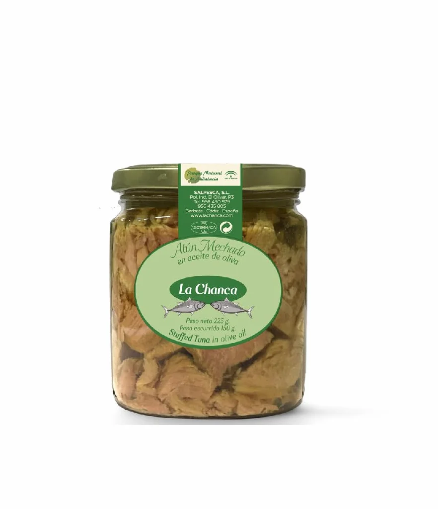 Atún mechado en aceite de oliva - La Chanca - Peso neto del producto 225 gr - Atún confitado en aceite de oliva - Sabor caracteristico - Receta tipica de Barbate.