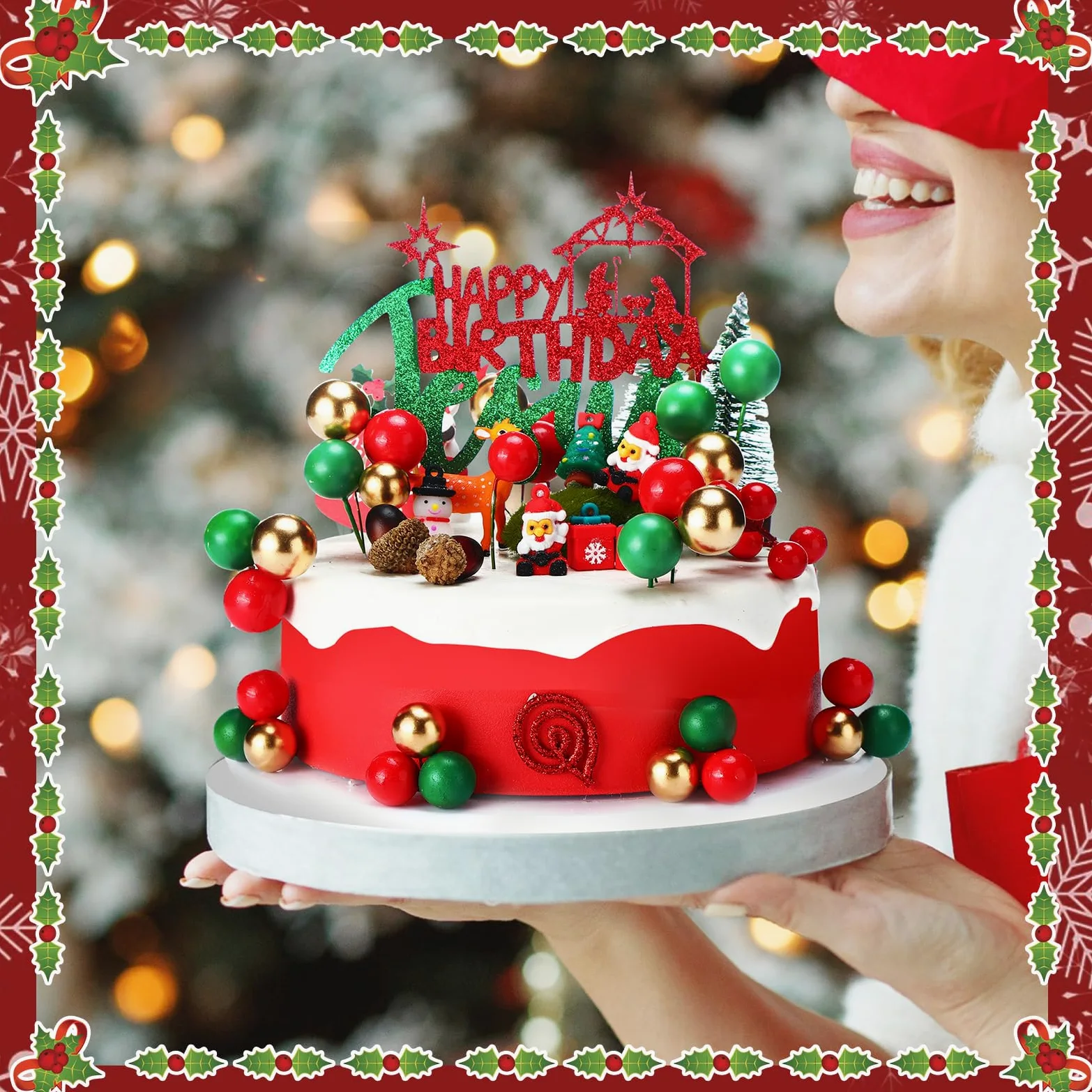Cinnvoice 31 piezas de decoración para tartas de Navidad con purpurina de Jesús, decoración de pastel de bola, verde, rojo, dorado, belén, decoración para Navidad, vacaciones, boda, aniversario,