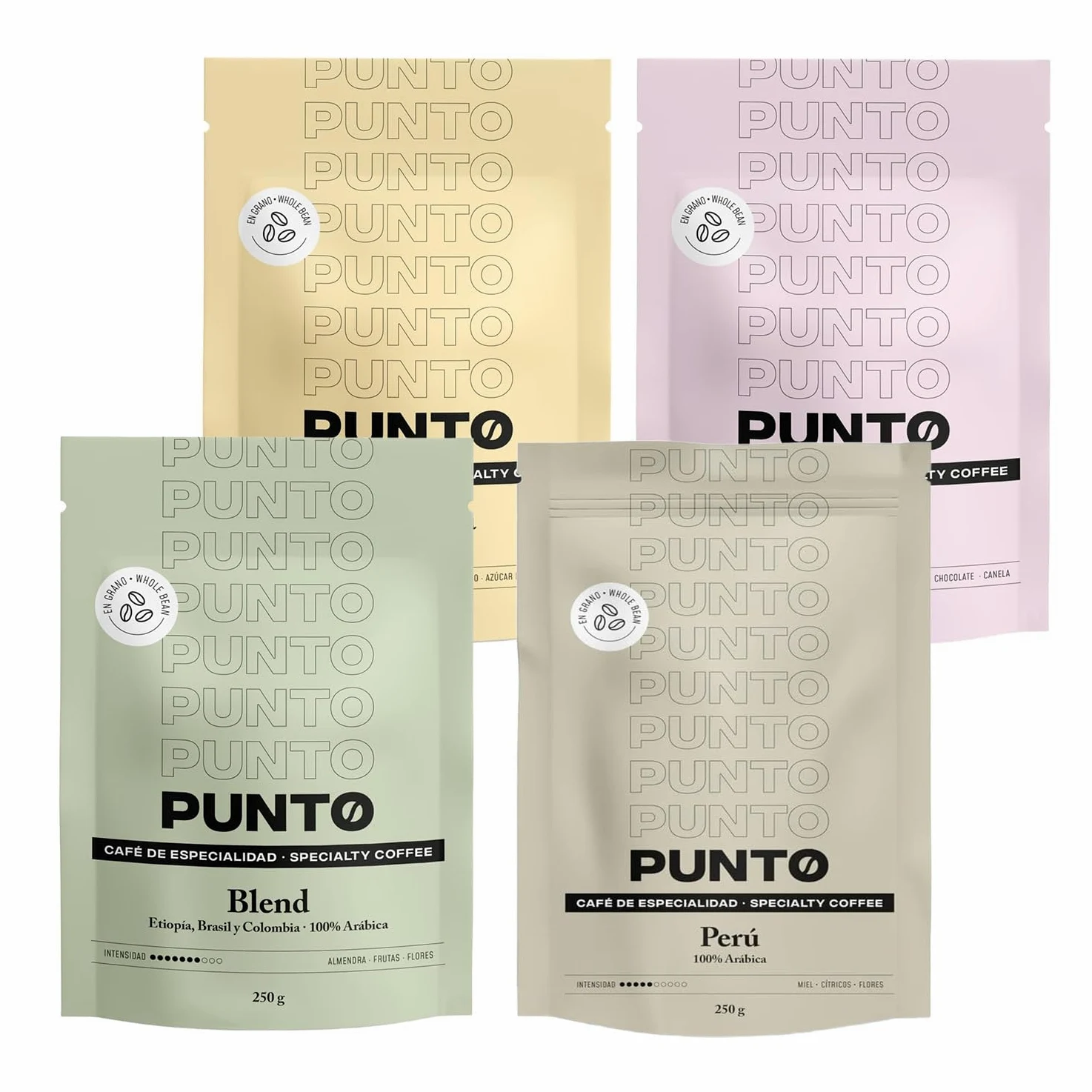 PUNTO - Pack Cafe de Especialidad en Grano 4x250g - Punto BLEND + Perú + Etiopía + Colombia - 100% Arabica - Tueste y Cuerpo Medio - Intensidad 5-7/10