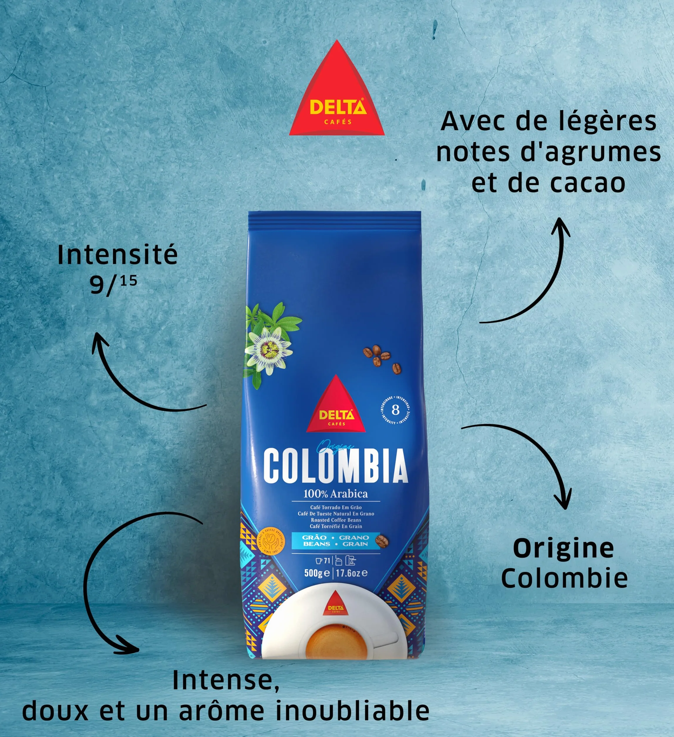 Delta Cafés Origen Colombia - Café en Grano - Notas Suaves y Aterciopeladas con Leves Matices Cítricos - 500 g