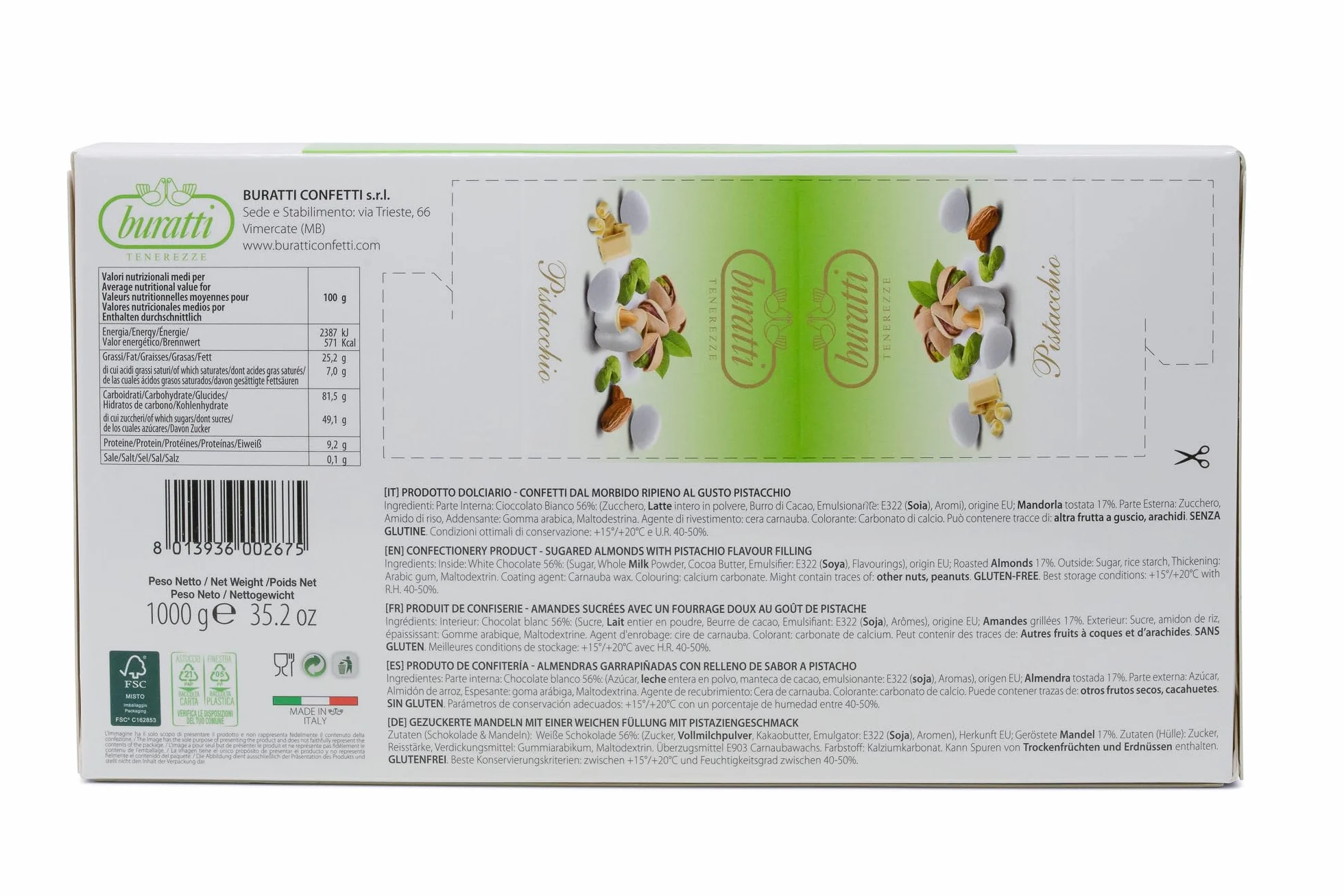Buratti Confetti Tenerezze Sabor A Pistacho Blanco Almendras Recubiertas De Chocolate - 1 kg
