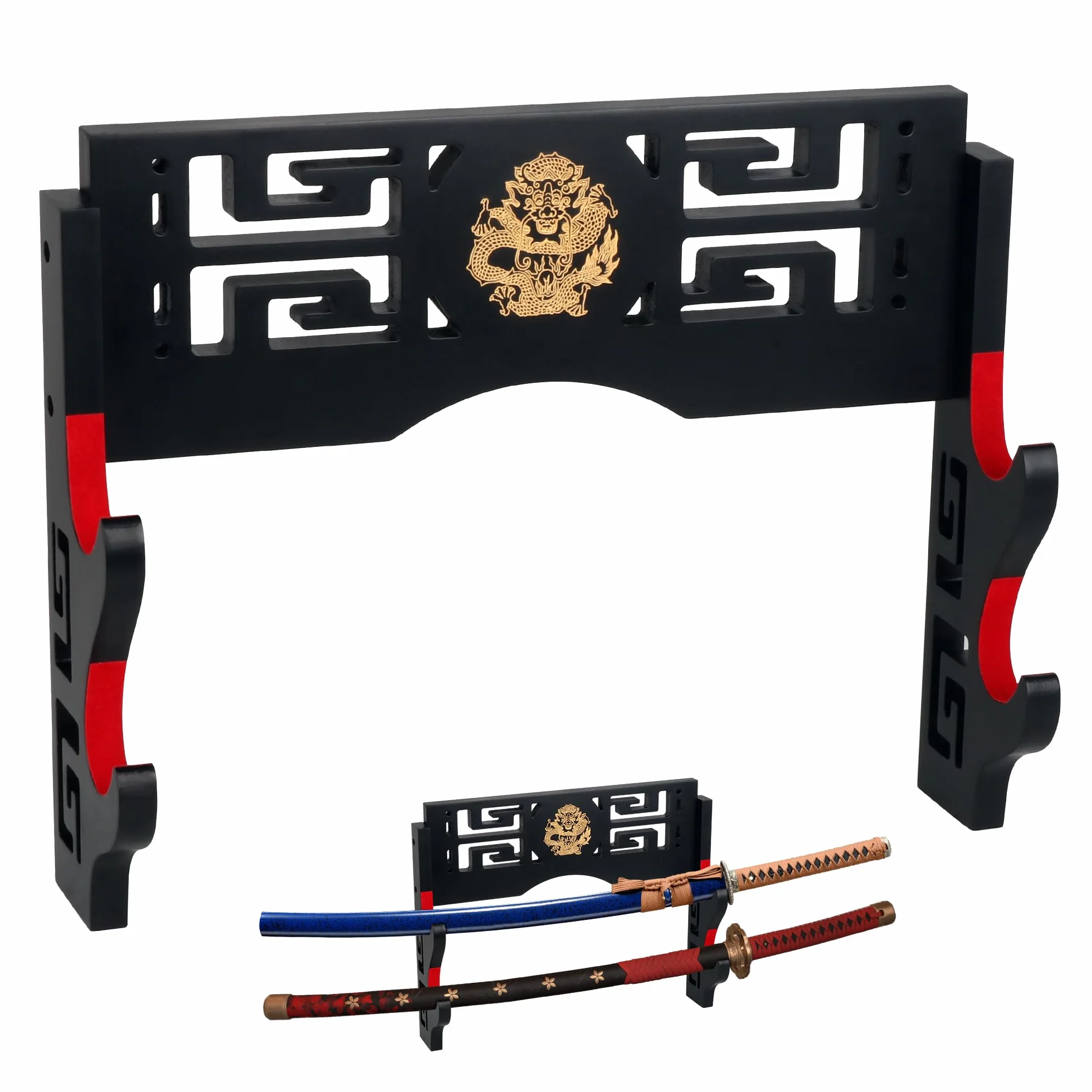 Alyoen Soporte de pared Katana 2 niveles gancho acolchado terciopelo patrón dragón soporte espada samurái sable láser Wakizashi