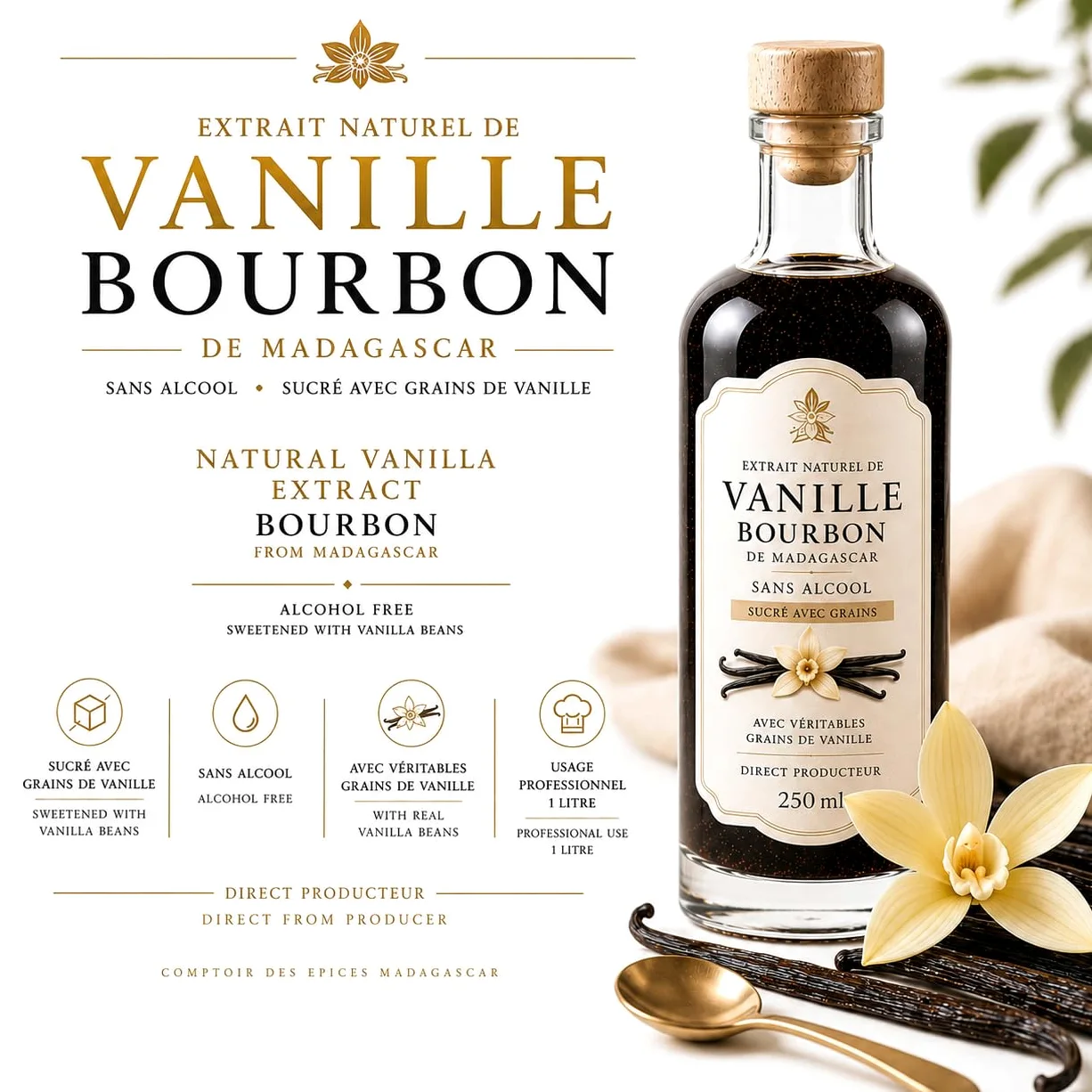 Extracto natural de vainilla Bourbon 250 ml – Sin alcohol – Puro & Artesanal – Ideal Cocina & Pastelería – (Empresa francesa)