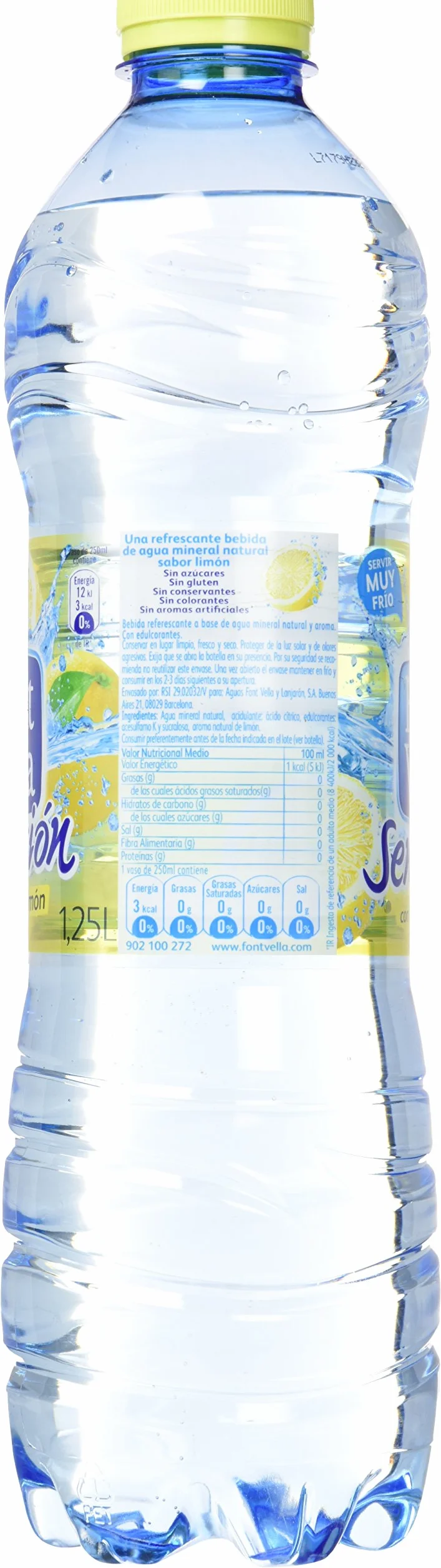 Font Vella Sensación Limón, Agua con sabor limón y lima sin calorías, 6 botellas de 1.25 litros