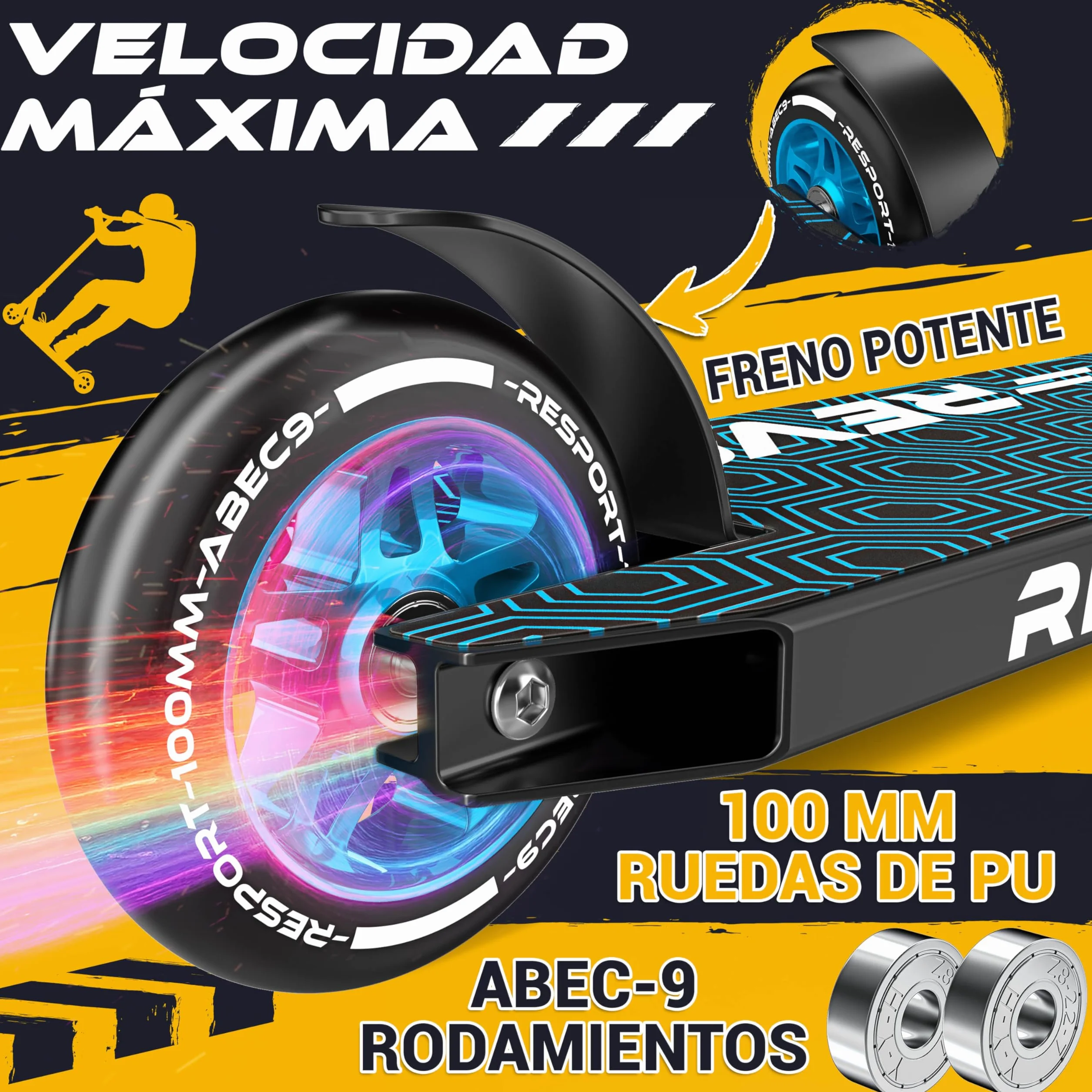 RE:SPORT Patinete de acrobacias Revo 100 mm ABEC 9 para niños y adultos