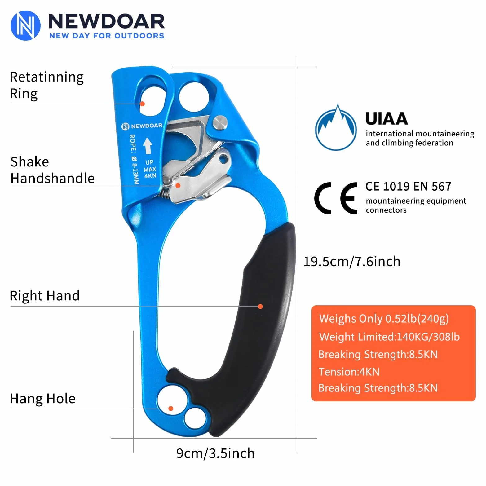 NewDoar Hand Ascender Rock Climbing Tree Arborist Rappel Gear for 8~12MM Rope
