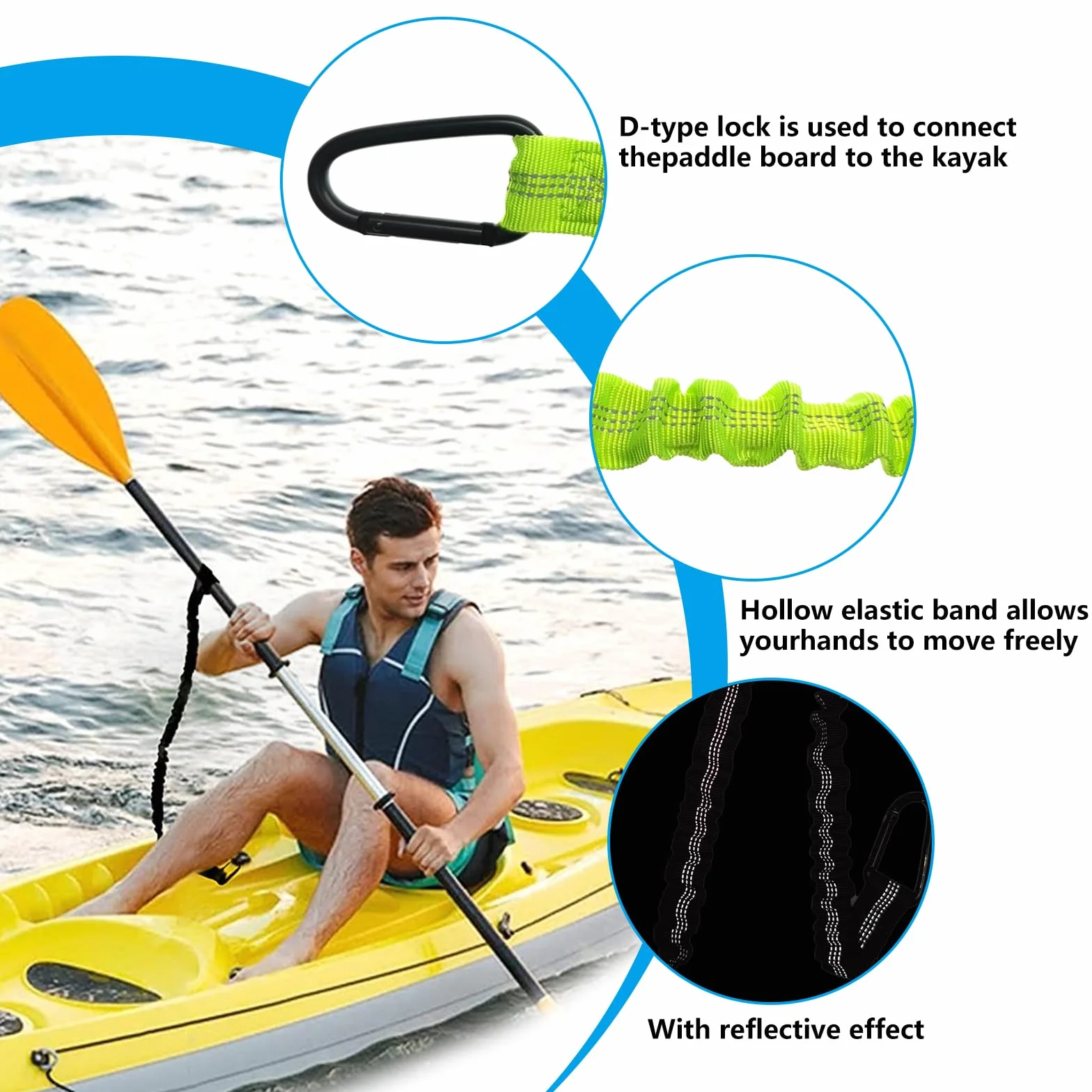 Correa de Paleta de Kayak 1,5 m Cuerda Elástica de Seguridad con Mosquetón para Remo