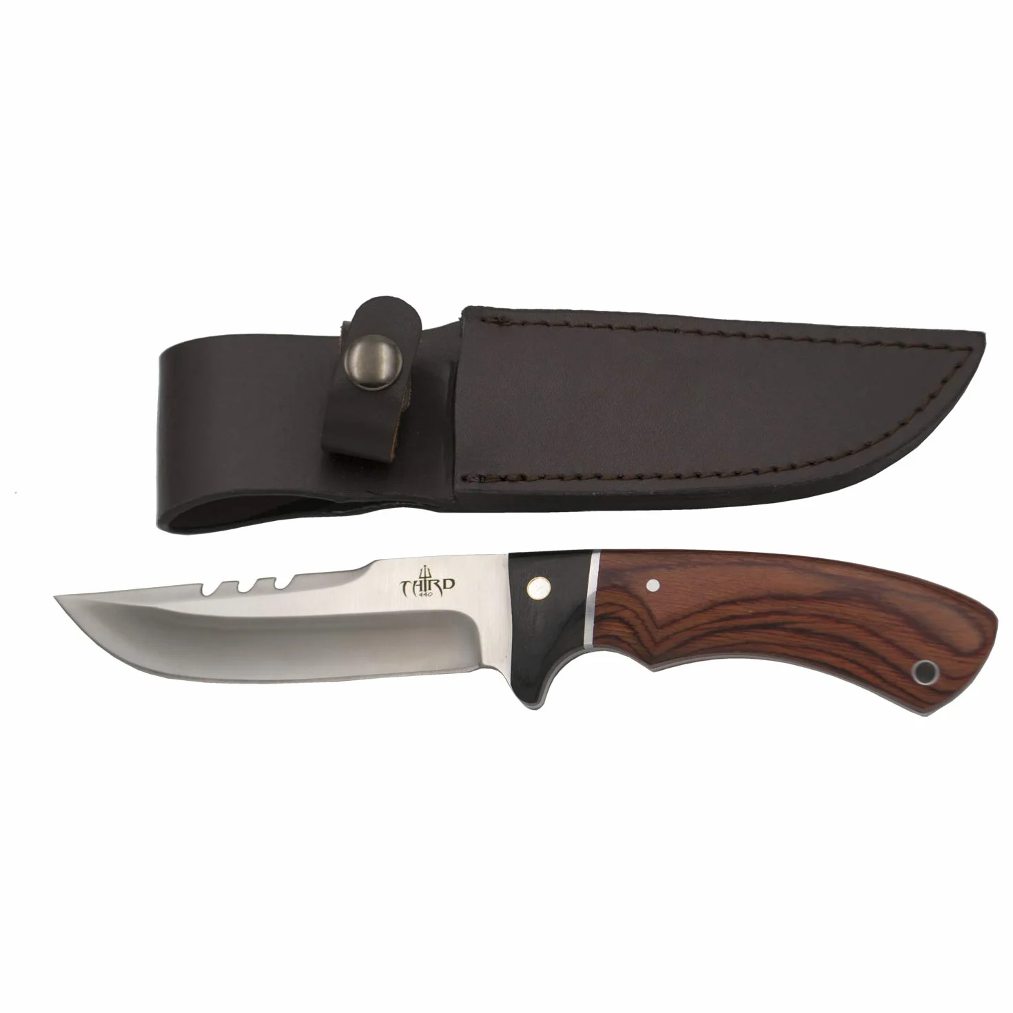 THIRD Cuchillo de Caza 12,4 cm Acero 440 Mango Pakkawood y Madera Negra Funda de Piel