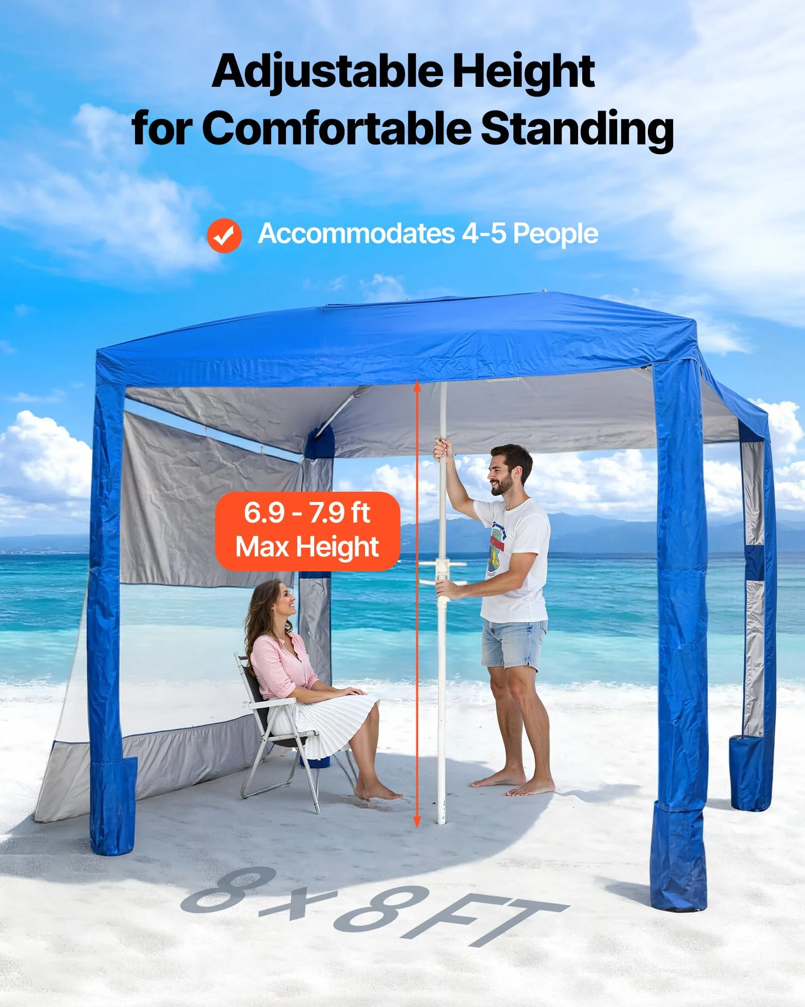 VEVOR Cabaña de Playa 2,4 x 2,4 m UPF 50+ Protección Solar con Pared Lateral Portátil