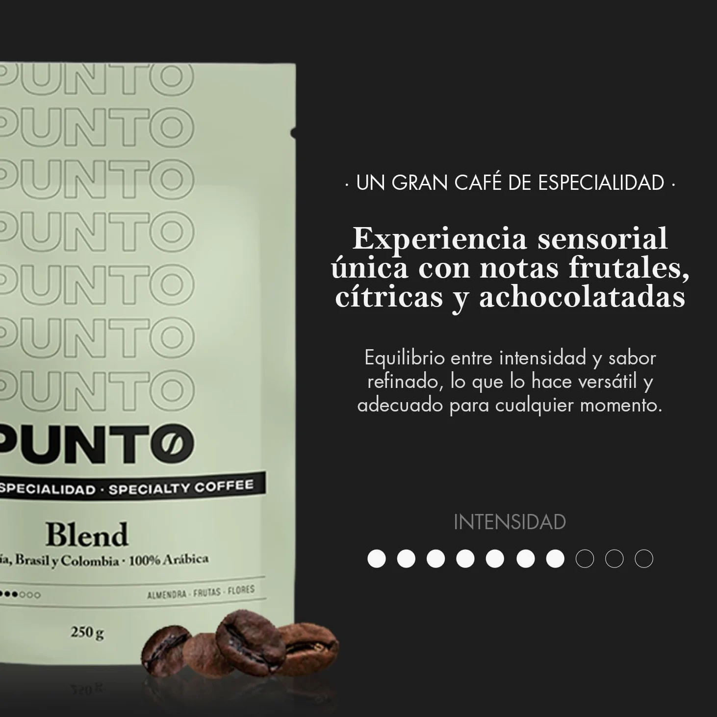 PUNTO - Pack Cafe de Especialidad en Grano 4x250g - Punto BLEND + Perú + Etiopía + Colombia - 100% Arabica - Tueste y Cuerpo Medio - Intensidad 5-7/10