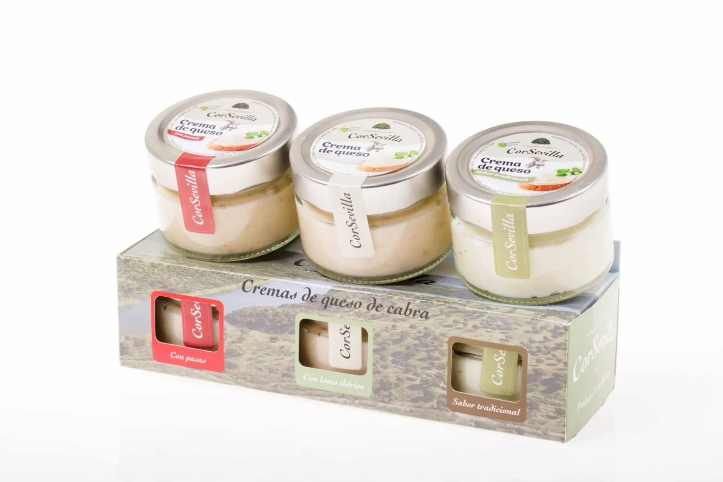 Corsevilla - Crema Queso Cabra Curado - Queso Untar - Lote Gourmet - Tradicional - Pasas - Lomo Iberico - Pack 3 unidades - 100 g unidad aprox - 300 g Pack aprox.