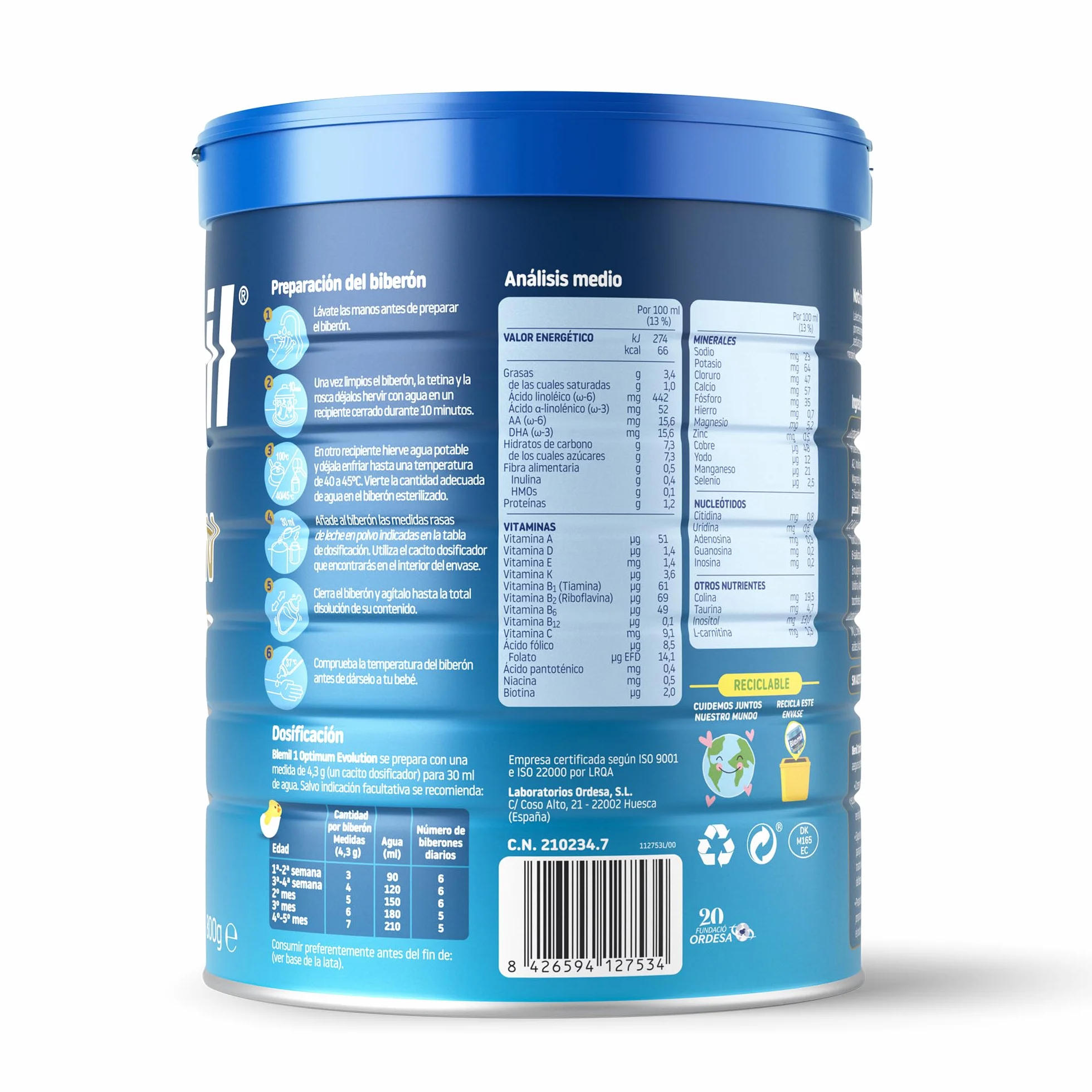 Blemil 1 Optimum Evolution 800g Leche de Inicio en Polvo para Bebé