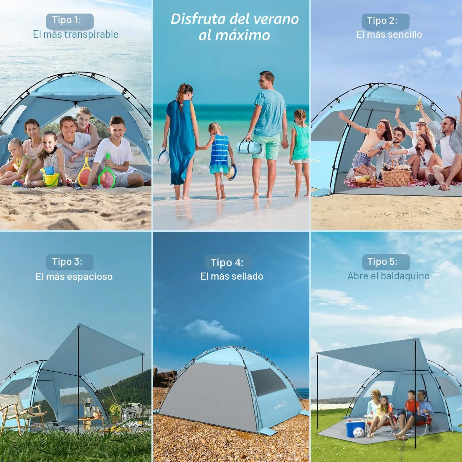 Elegear Tienda de Playa 6-8 Personas Protección UV UPF 50+ Portátil 260x165x150cm Azul