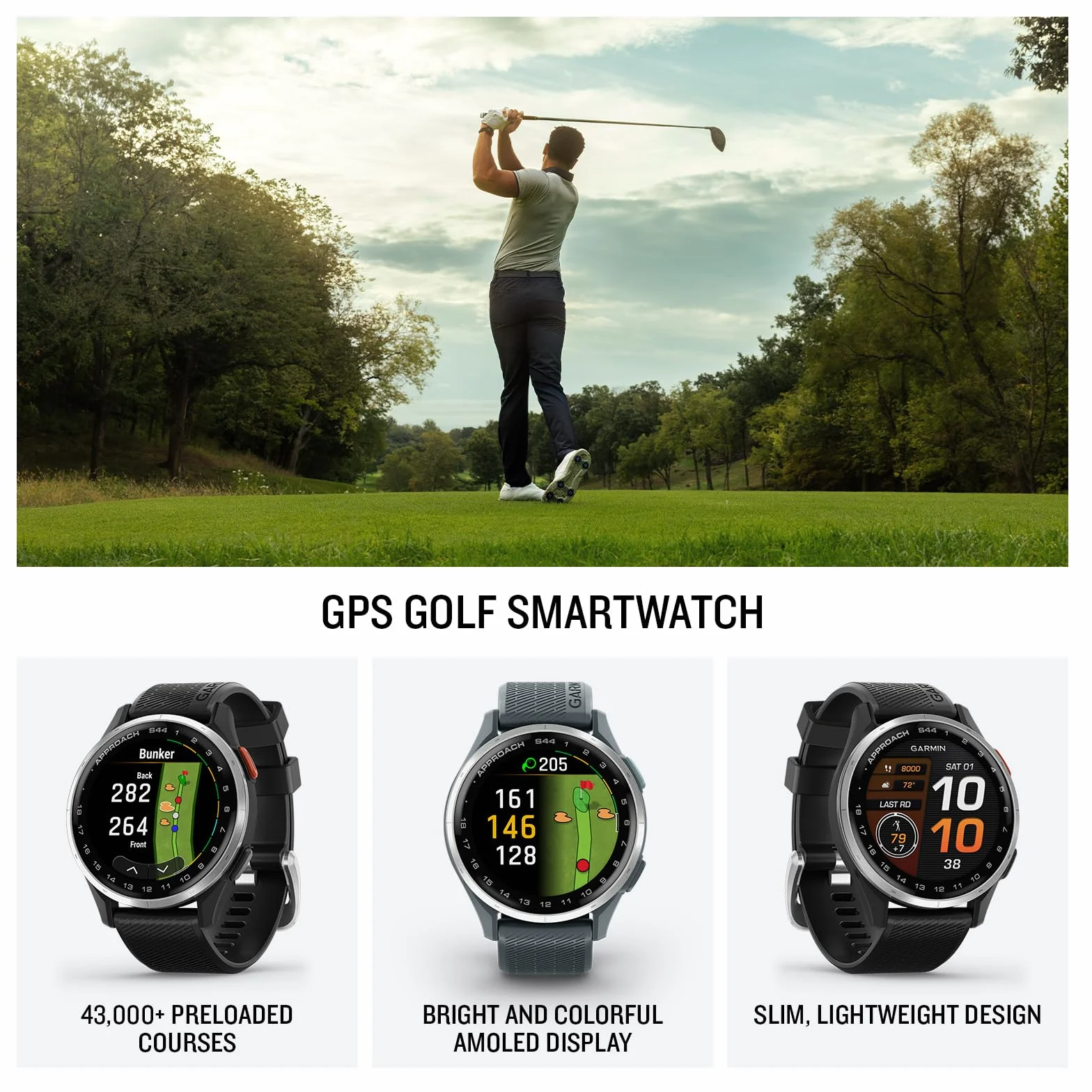 Garmin Approach S44 Golf GPS Smartwatch AMOLED Plateado Bisel Aluminio Correa Silicona Negra
