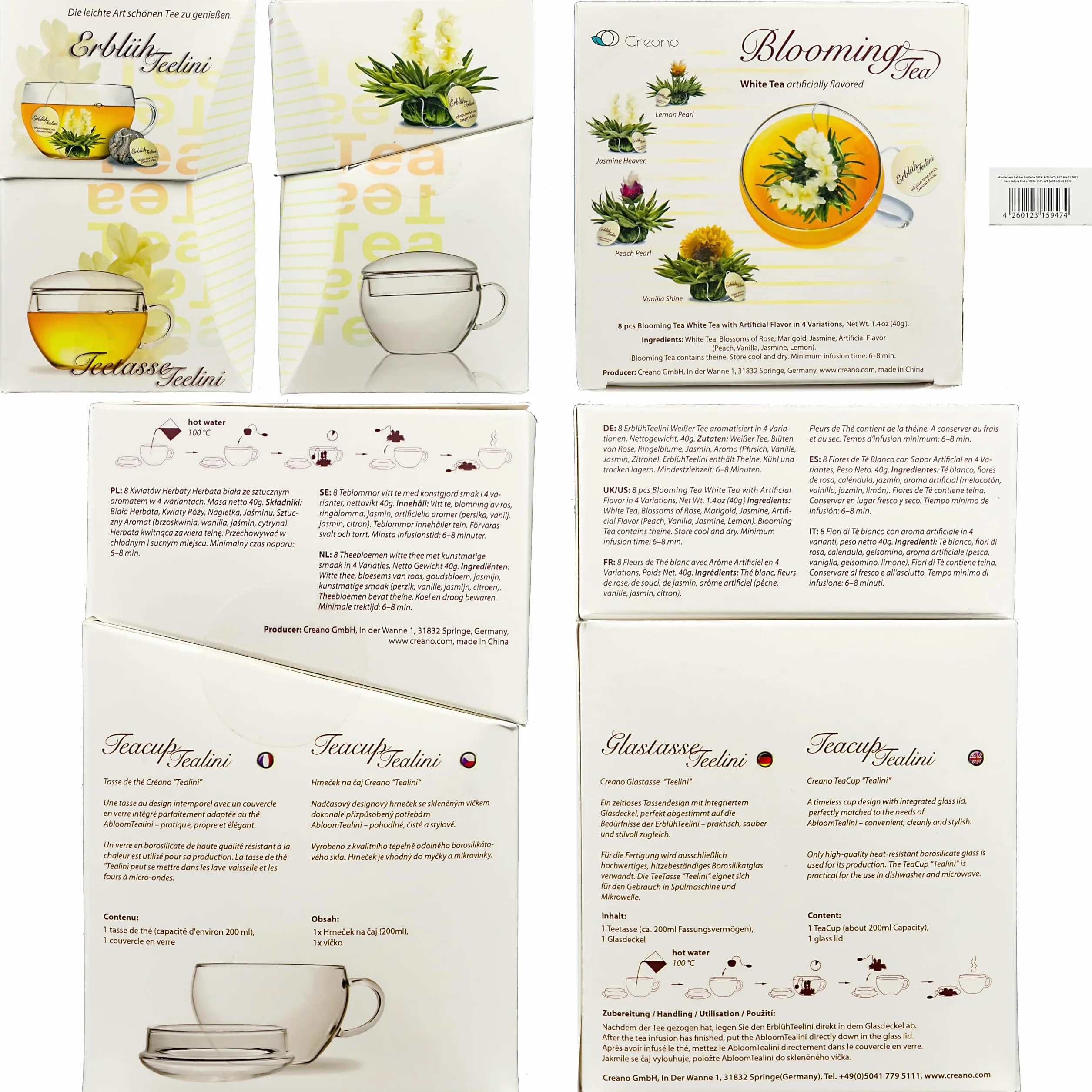Creano Teelini Flores de Té Blanco 8 uds con Taza de Vidrio 200ml y Tapa – Set de Regalo Completo – Ideal para Mamá y Oficina