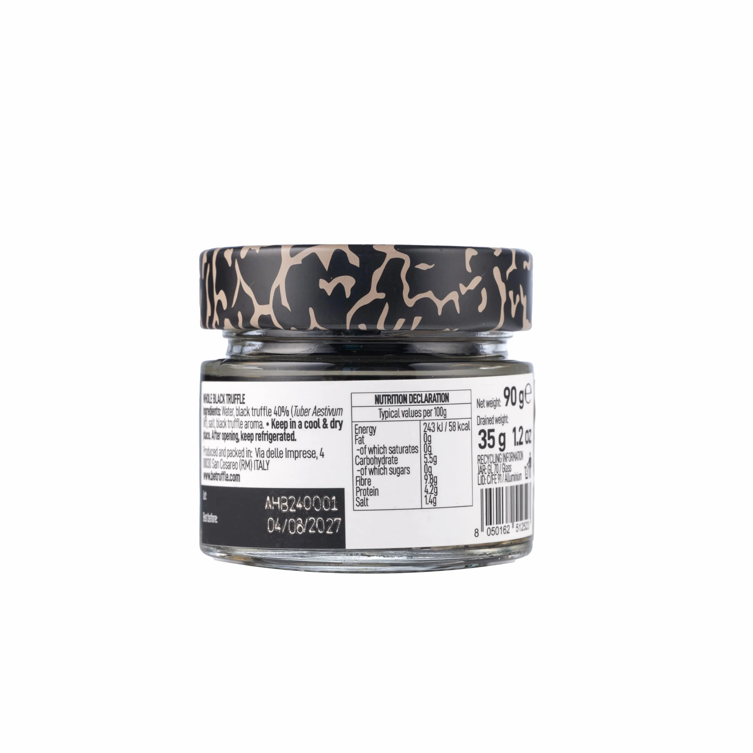 Be Truffle - Trufa Negra Entera 90g, Peso Escurrido 35g - Vegano, Sin Gluten, Sin Colesterol