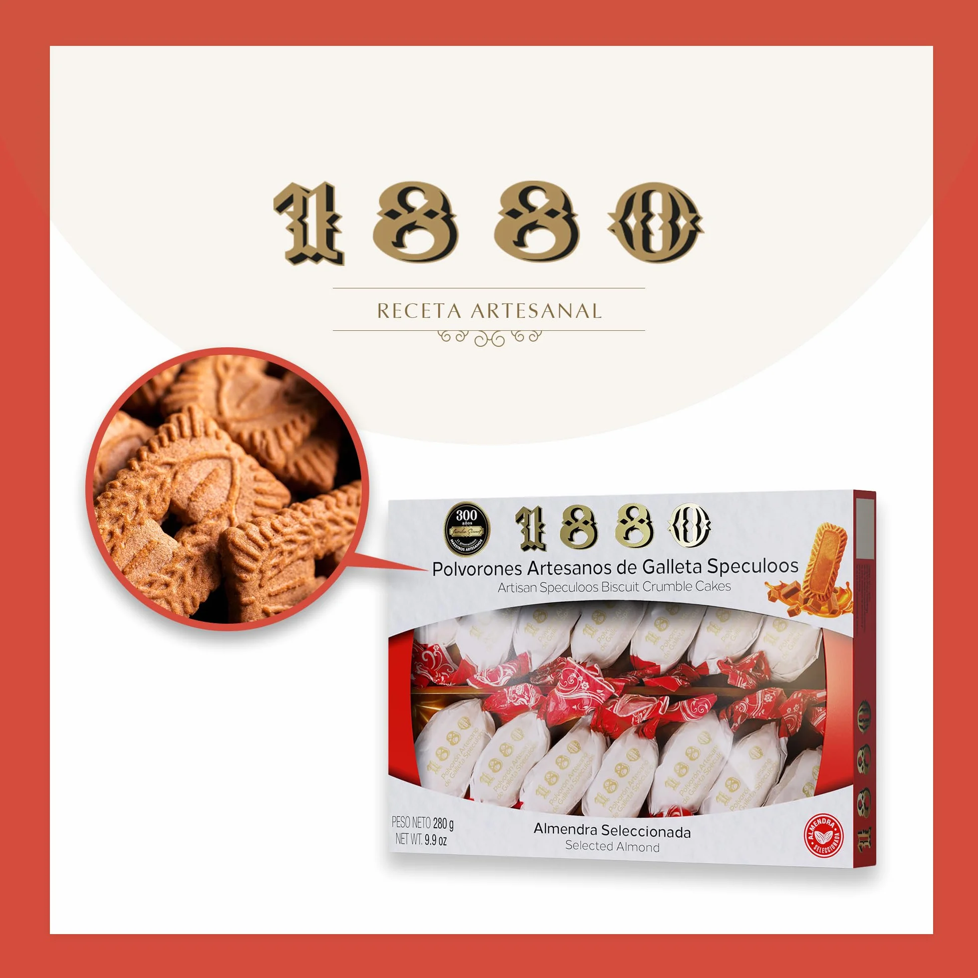1880 - Polvorones Artesanos de Galleta Speculoos 280 g, Receta Artesanal con 95% de Galleta Speculoos y Almendra Seleccionada, Envase Individual, Textura Suave, Típico Dulce Navideño