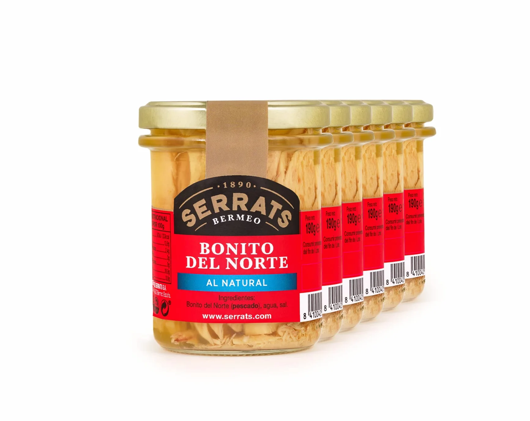 CONSERVAS SERRATS - Bonito del Norte del Cantábrico al Natural Sin Aceite - 6 Frascos x 190g (Total: 1140g) - Elaboración Artesanal desde 1890 - Sin Gluten - Rico en Omega 3