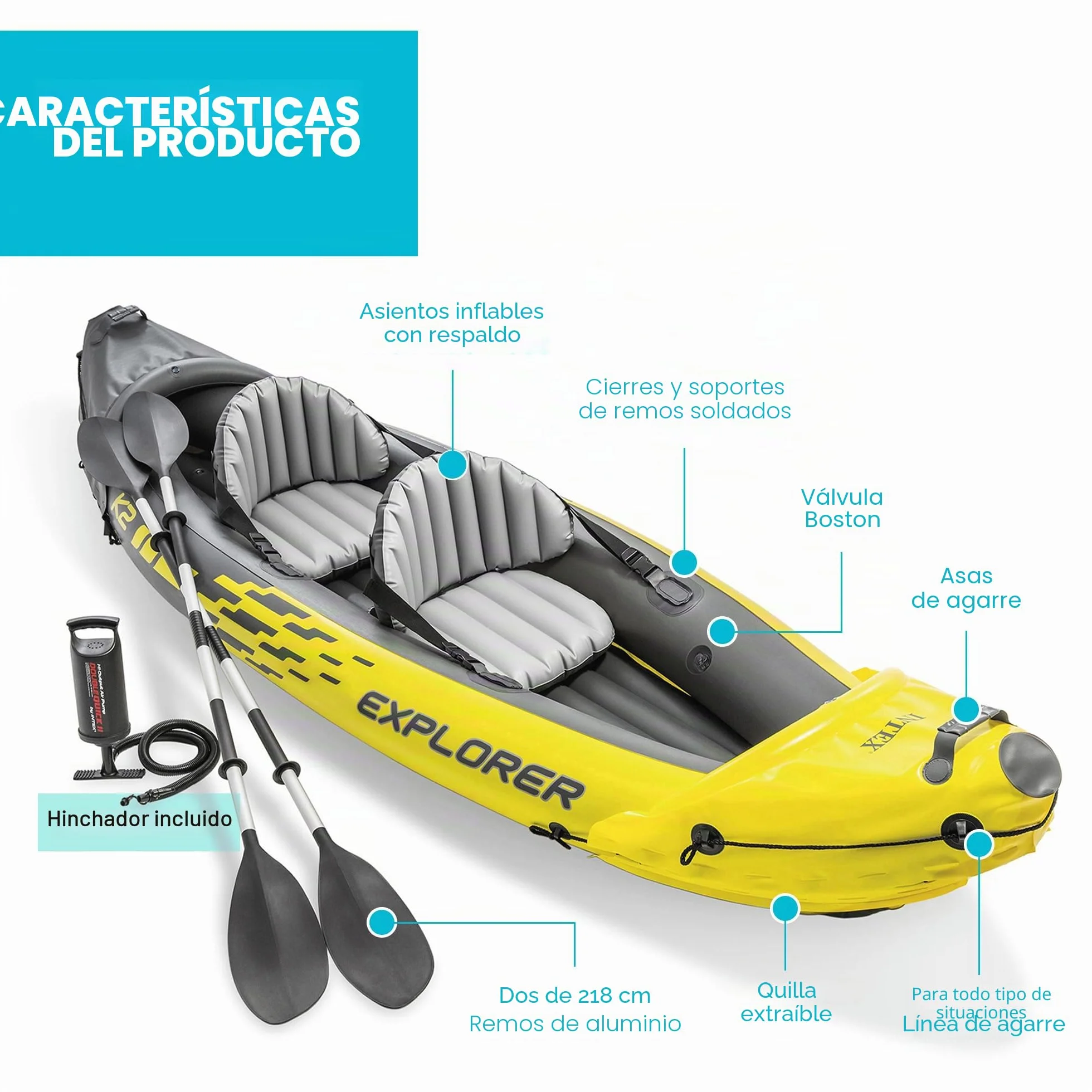 Intex Explorer K2 Kayak 2-Osobowy Nadmuchiwany Kajak z Aluminiowymi Wiosłami i Wysokowydajną Pompą