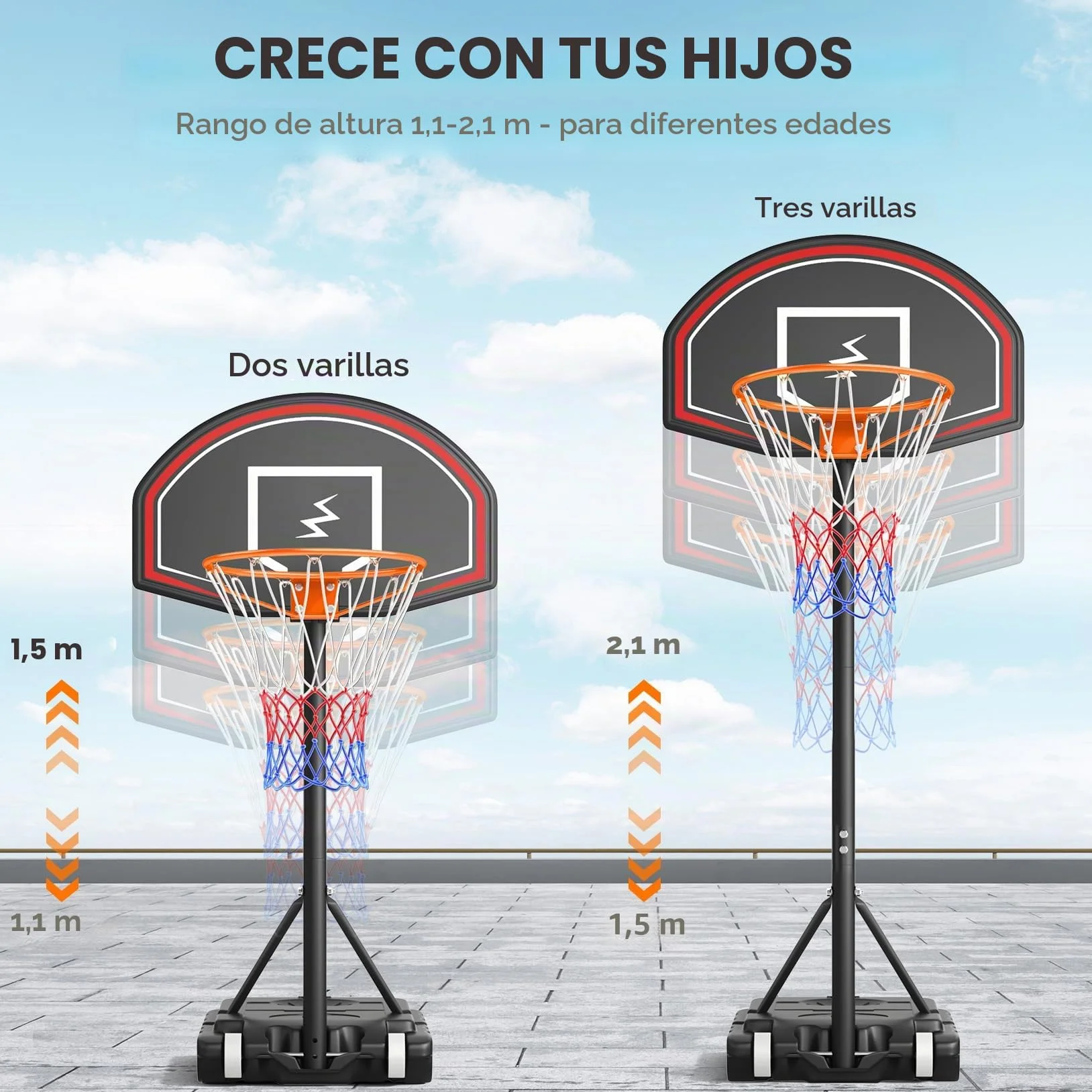 YOLEO Canasta de Baloncesto Exterior Ajustable 110-210 cm Móvil con Ruedas