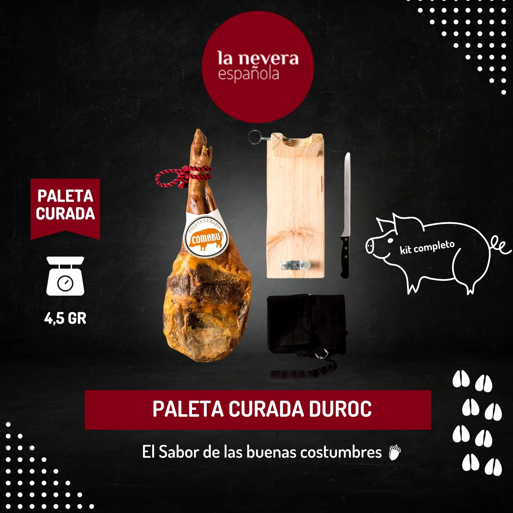 La Nevera Española | Paleta Curada, Jamonero, Cuchillo y Delantal | Peso 4,5 KG | Curación Mínima 10 meses | Jamones Comabu | El Jamón de la Nevera Española