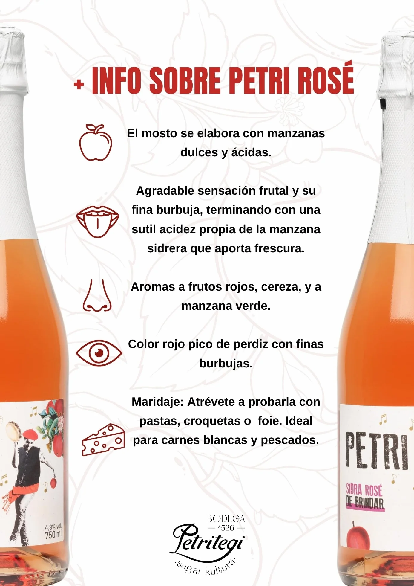 Petritegi Sidra Petri Rosé Pack 6 x 750 ml | Sidra Artesanal de Astigarraga | Sabor Frutos Rojos y Manzana Verde | Vegana sin Gluten | 4.8% Vol