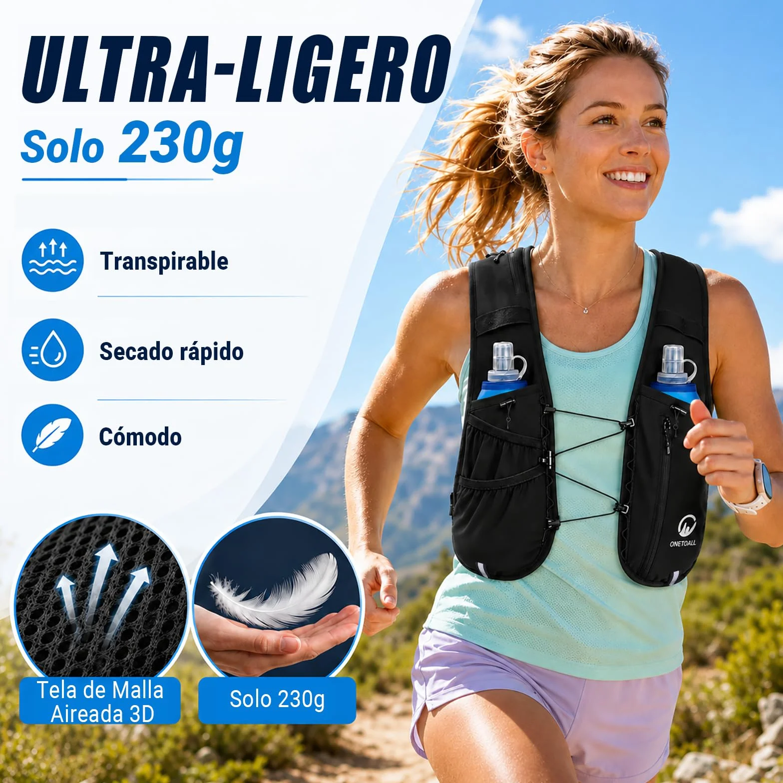 Chaleco Hidratacion Trail Running para Hombre Mujer con 2× Soft Flask 500ml y Luz LED Recargable Ultraligero