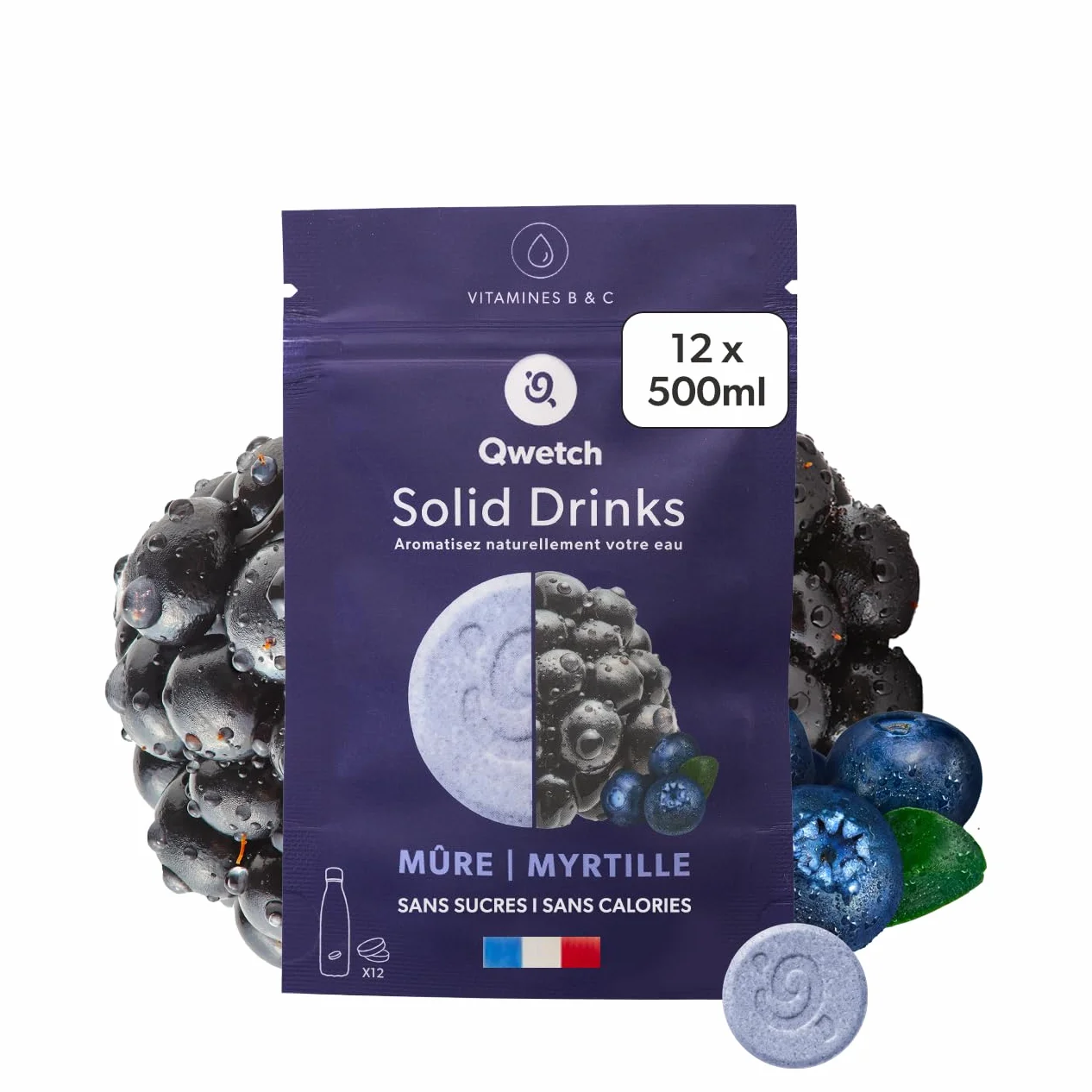 Qwetch – Solid Drinks – Moras y arándanos – Vitaminas C & B – 12 pastillas