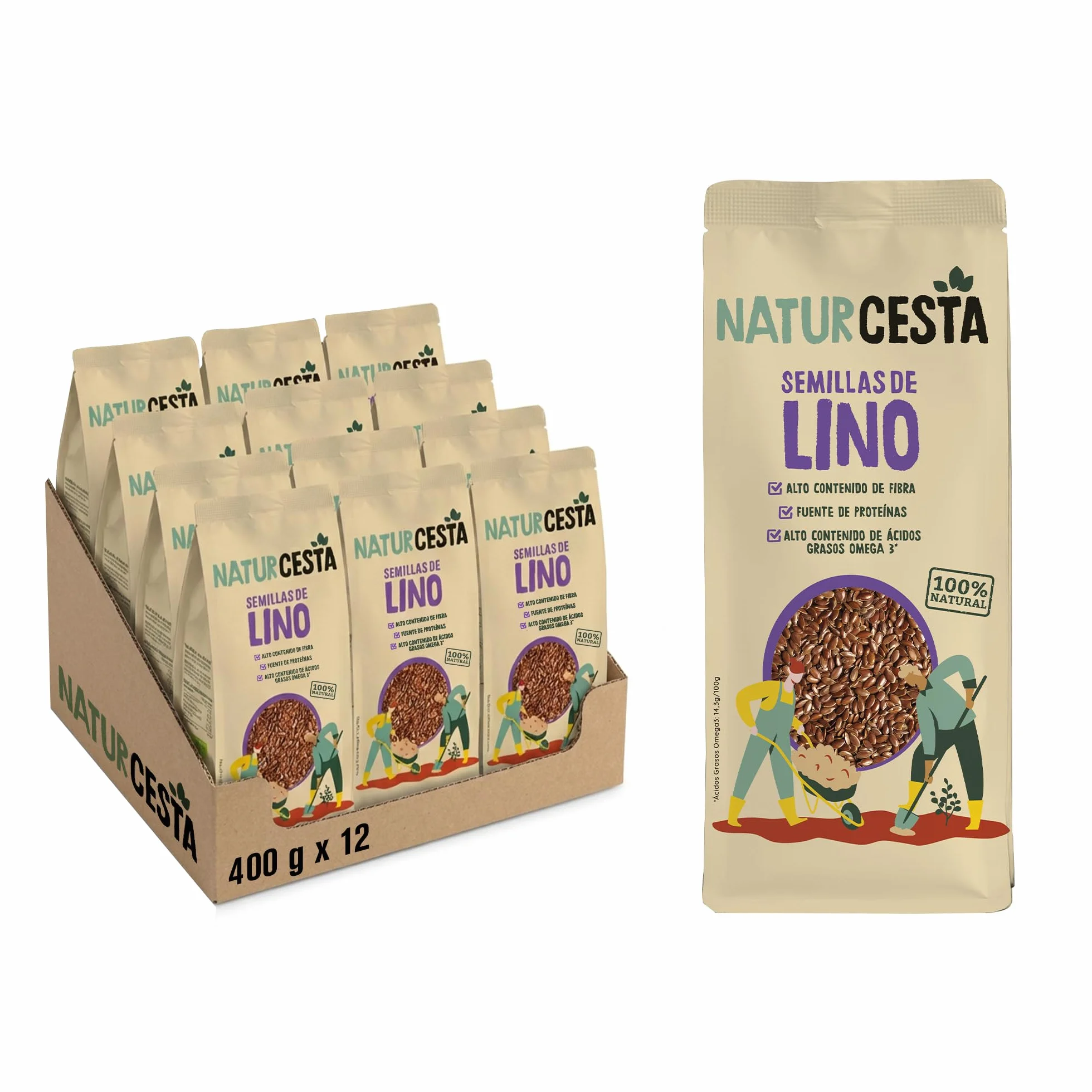 NATURCESTA ALIMENTACIÓN NATURAL - Pack de 12 Bolsas de Semillas Ecológicas de Lino de 400 g - Alto Contenido en Fibra, Omega 3, Vitamina E y Magnesio - Apto para Dieta Vegana y Paleo
