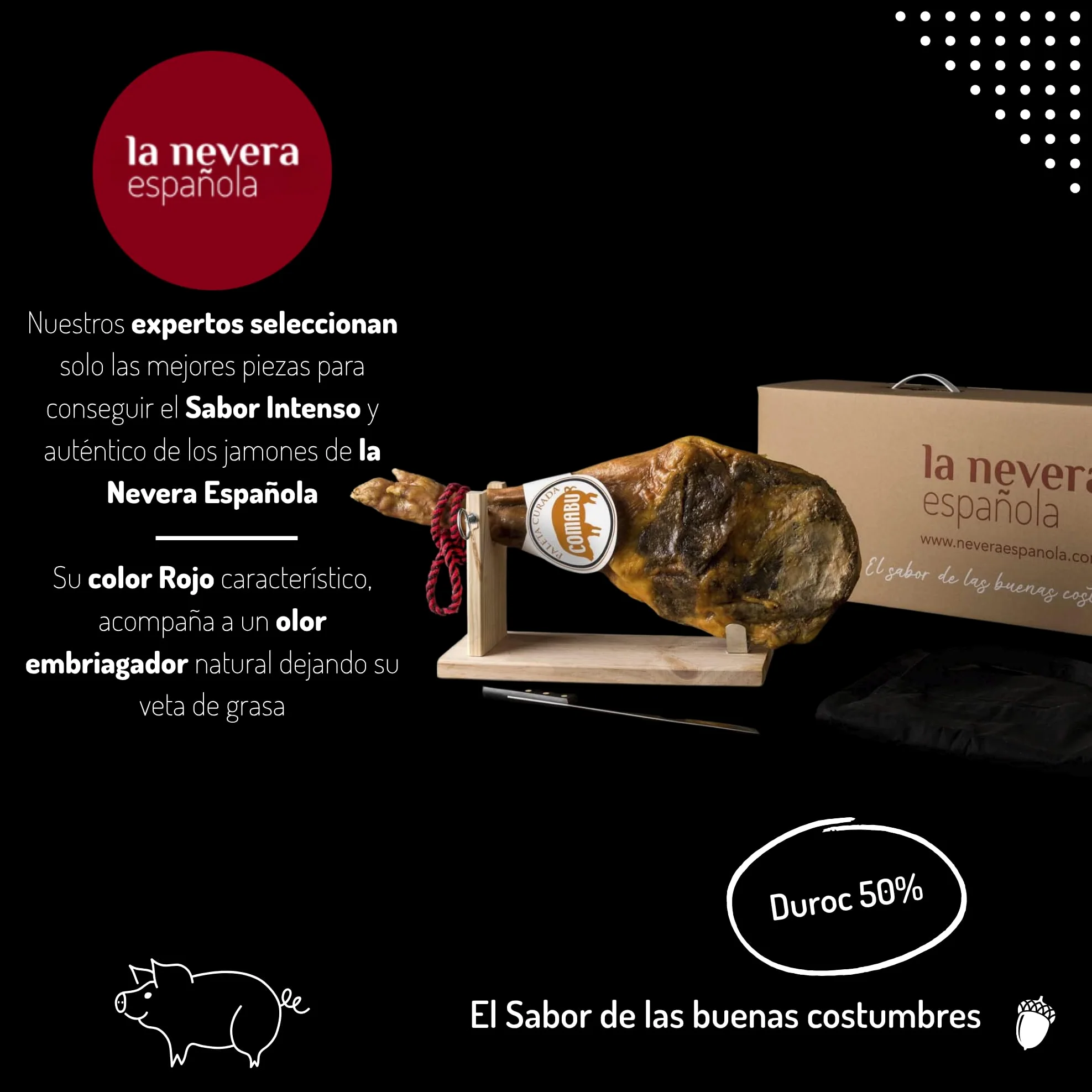 La Nevera Española | Paleta Curada, Jamonero, Cuchillo y Delantal | Peso 4,5 KG | Curación Mínima 10 meses | Jamones Comabu | El Jamón de la Nevera Española