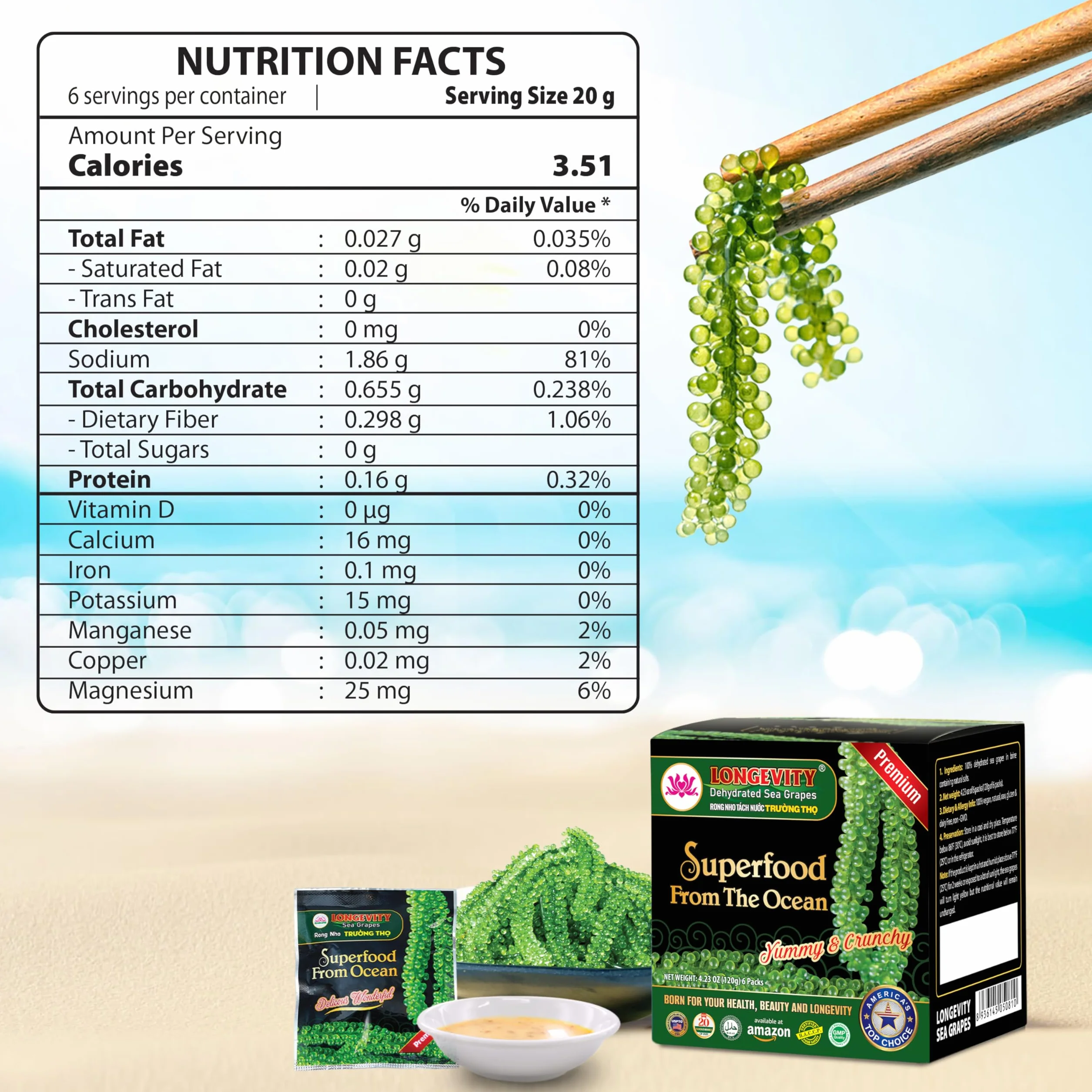 Longevity Uvas de mar - Umibudo verde Caviar - Deshidratado, peso, Intensificación del sistema inmunológico, valorado don natural De Mar (original), 1.4 onzas (paquete de 2)