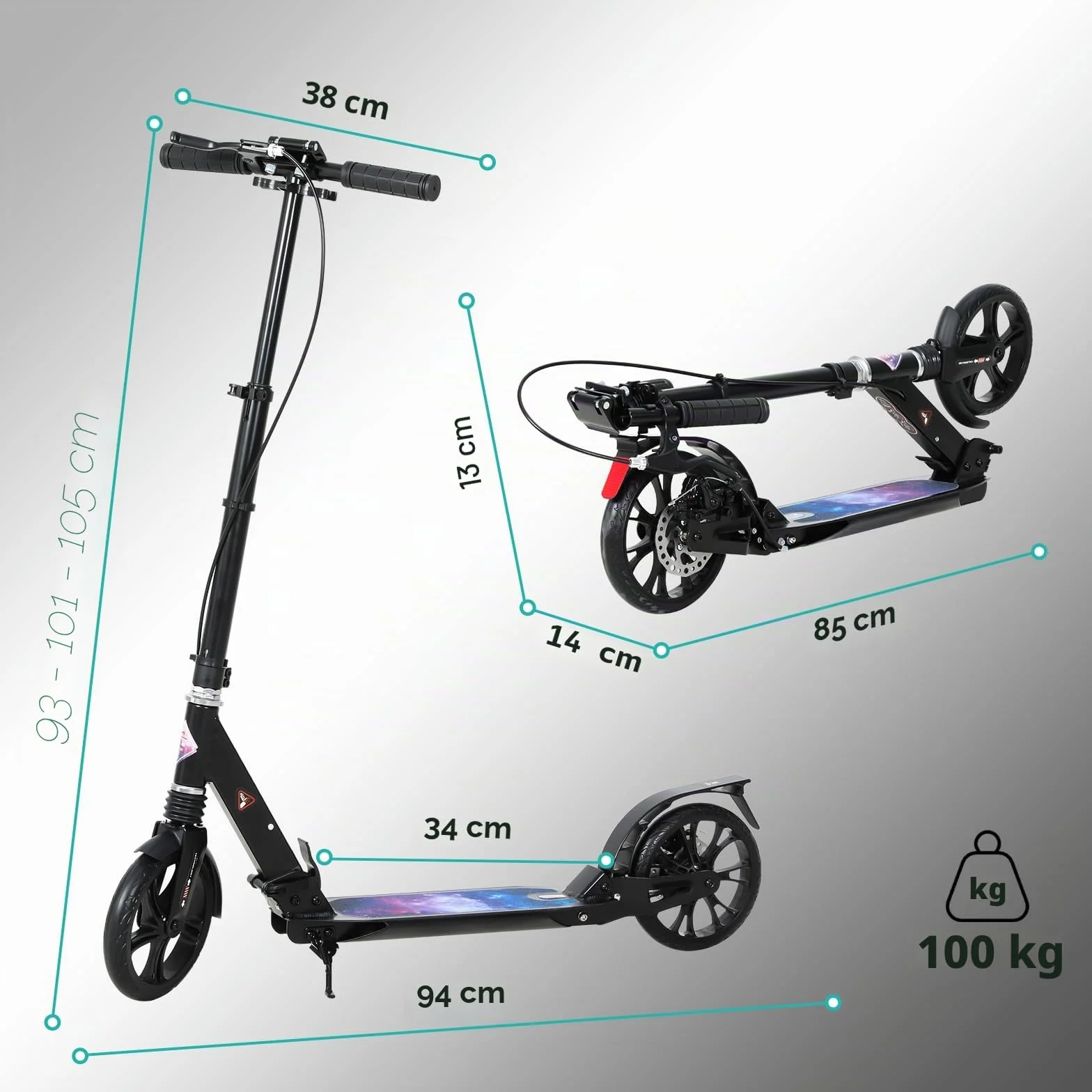 ISE Patinete Scooter Plegable Adulto Niño Manillar Ajustable 93-107cm Ruedas 200mm Freno de Mano Máx 100kg