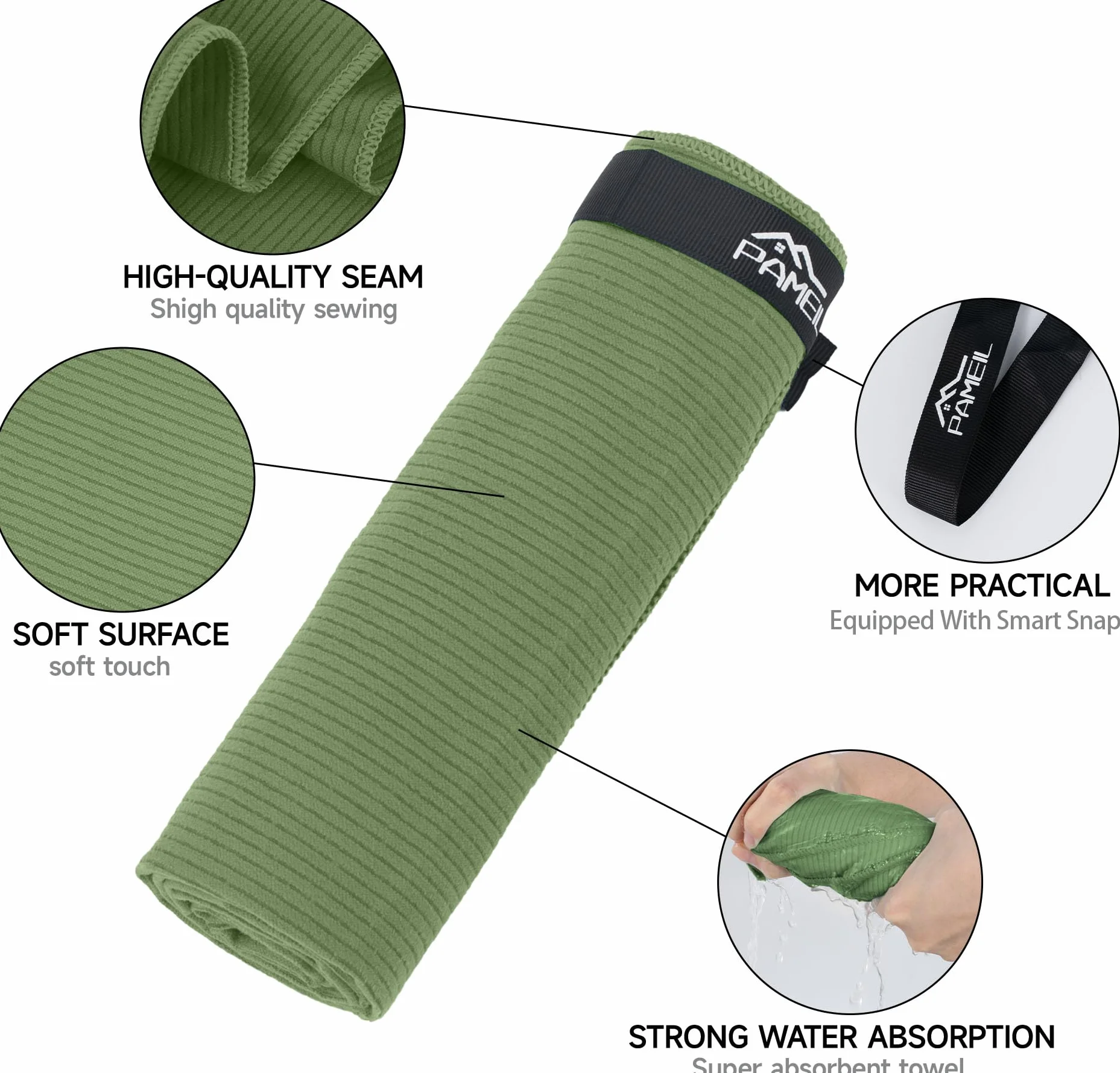 Pameil Toallas Gimnasio Juego de 2 Microfibra 160x80 cm + 80x40 cm Secado Rápido Verde Militar