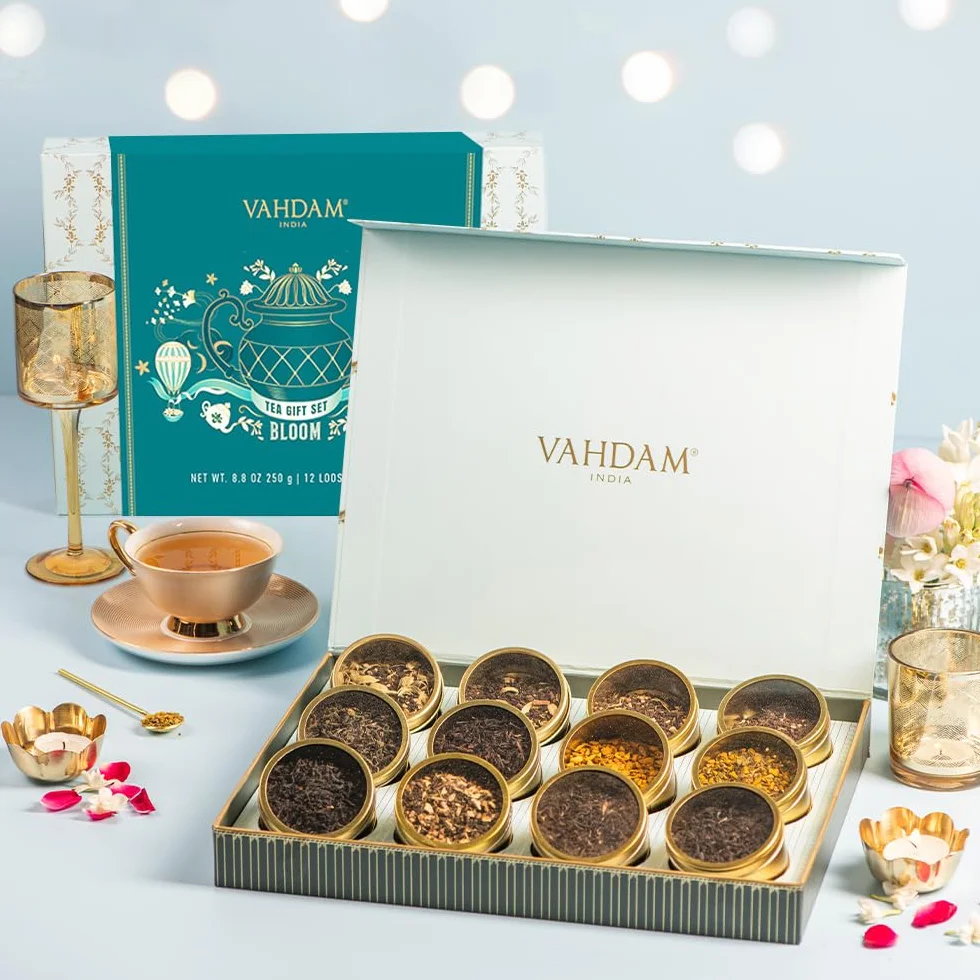 VAHDAM Caja De Regalo Surtida De Té Bloom 12 Tés Sueltos Té Negro Hierbas Oolong Verde Chai