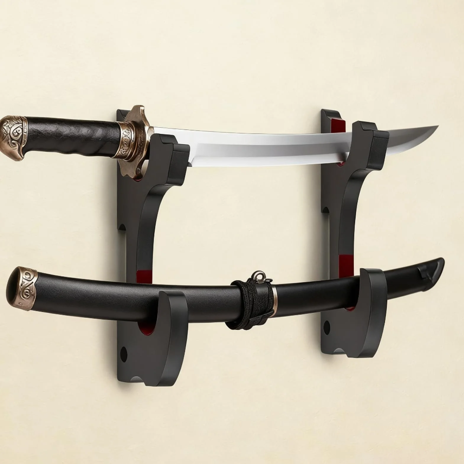 Soporte de Pared para Katana y Espadas Samurai, 2 Niveles Ajustable con Ganchos Acolchados, Exhibidor de Madera Negra