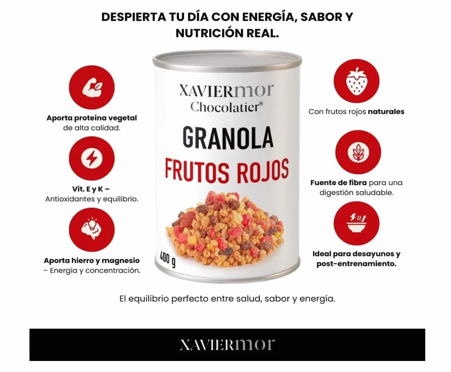 XAVIERMOR – Granola de Avena Crujiente con Frutos Rojos 400g – Desayuno Saludable con Alto Contenido en Proteínas y Fibra – Snack Fitness Nutritivo, Energía Sostenida y Saciedad Duradera