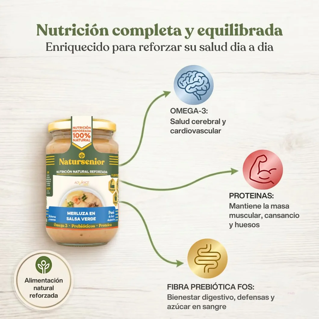Natursenior - Comida Triturada para Personas Mayores - Pack Purés Variados Pescado - 100% Natural, Omega 3, Fibra, Proteína - 15 uds x 340g