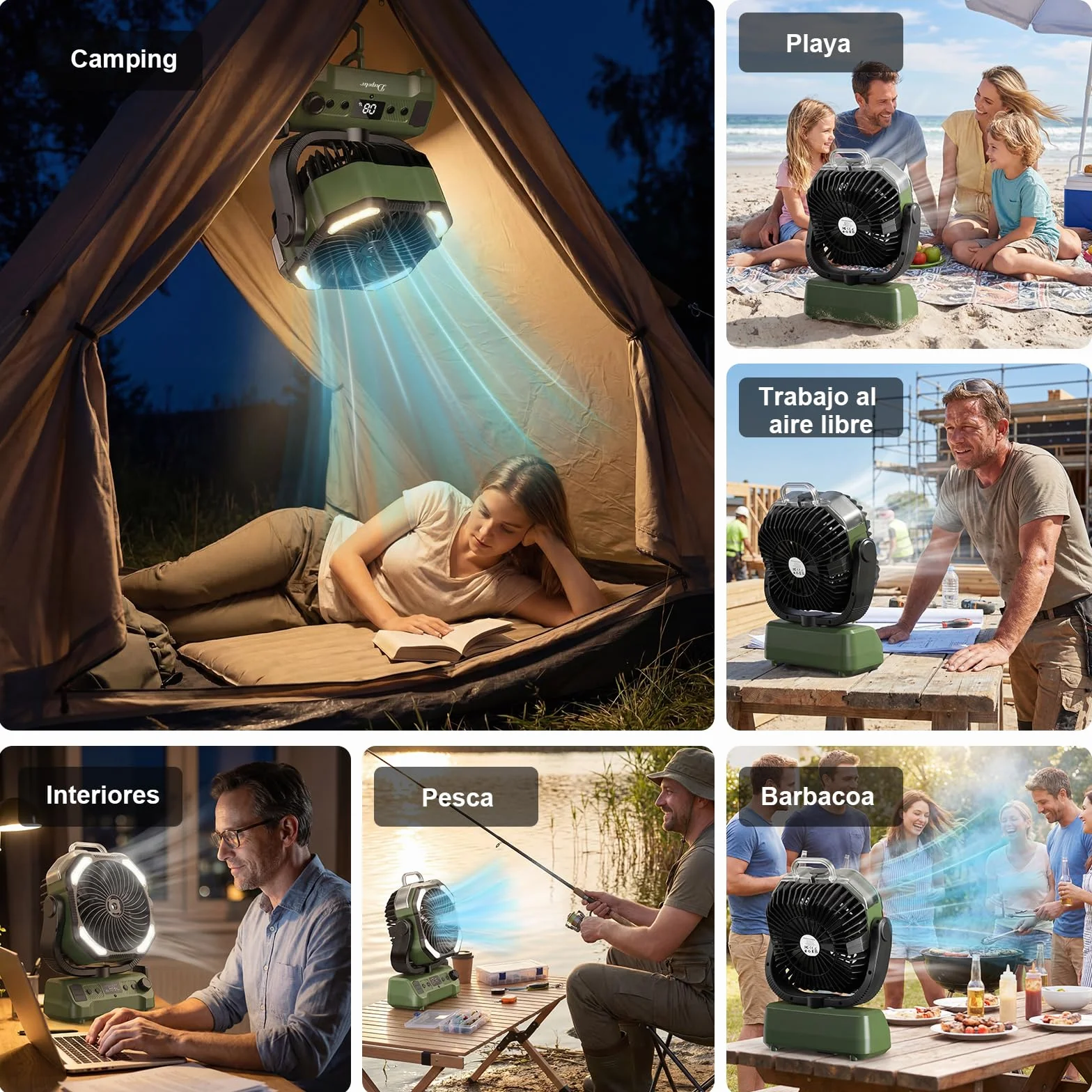 Ventilador Camping Portátil con Nebulizador y Luz LED, batería recargable, Temporizador, Rotación 270°, Gancho Colgante, Verde
