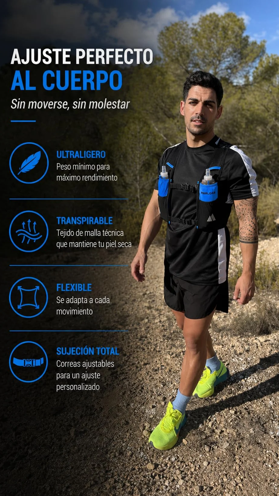 Chaleco Running Trail Running con 2 Soft Flask 500 ml Ajuste Cómodo Ligero Transpirable