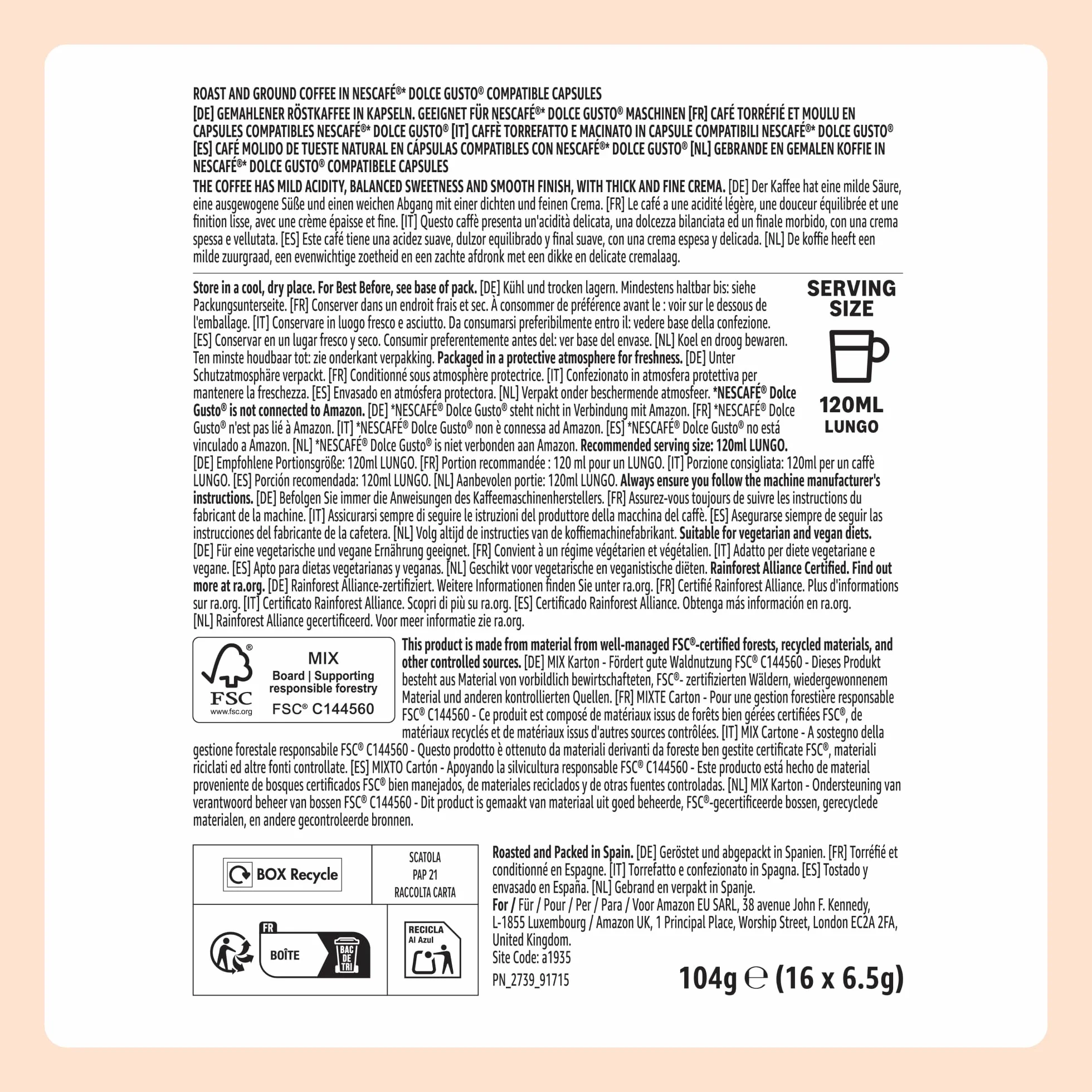 by Amazon Cápsulas De Café Lungo, en cápsulas compatibles con dolce gusto, 48 cápsulas (3 paquetes de 16)