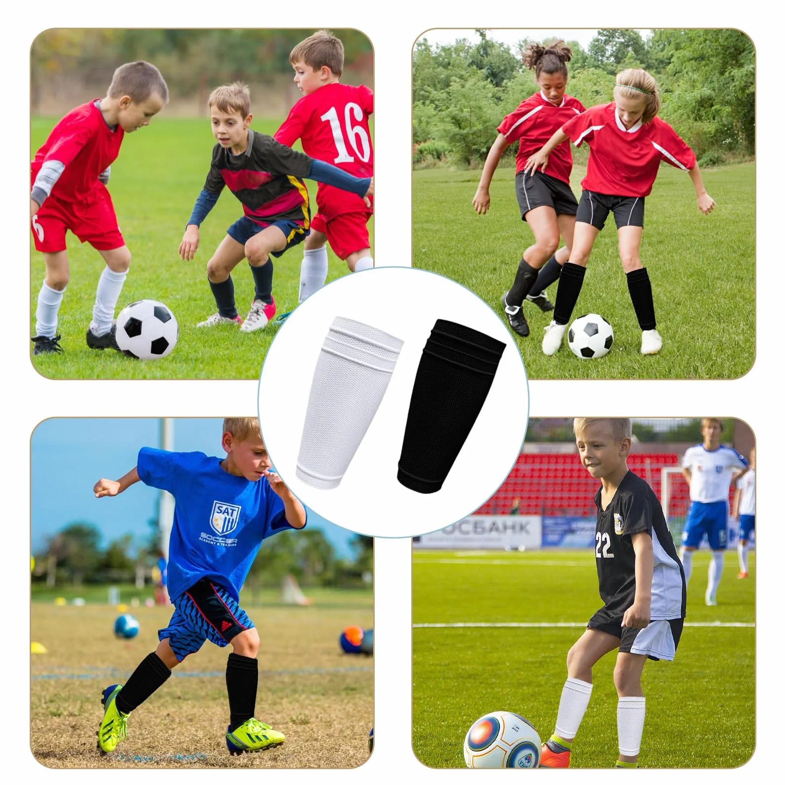 Espinilleras de fútbol con Bolsillo de inserción Transpirables para niños jóvenes Adultos Negro Blanco