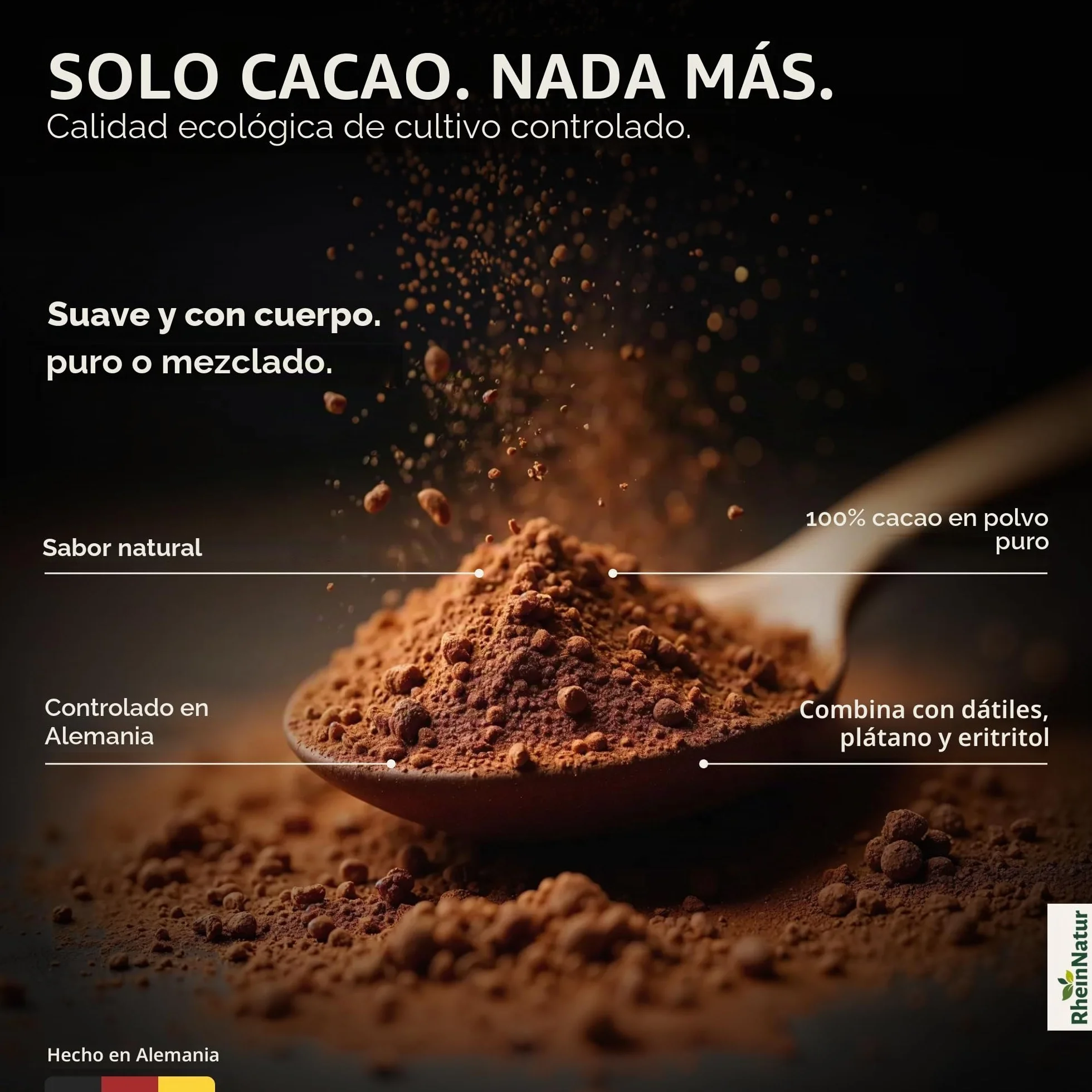 Cacao en polvo orgánico RheinNatur 1 kg – 100% puro, sin azúcar, ideal para hornear
