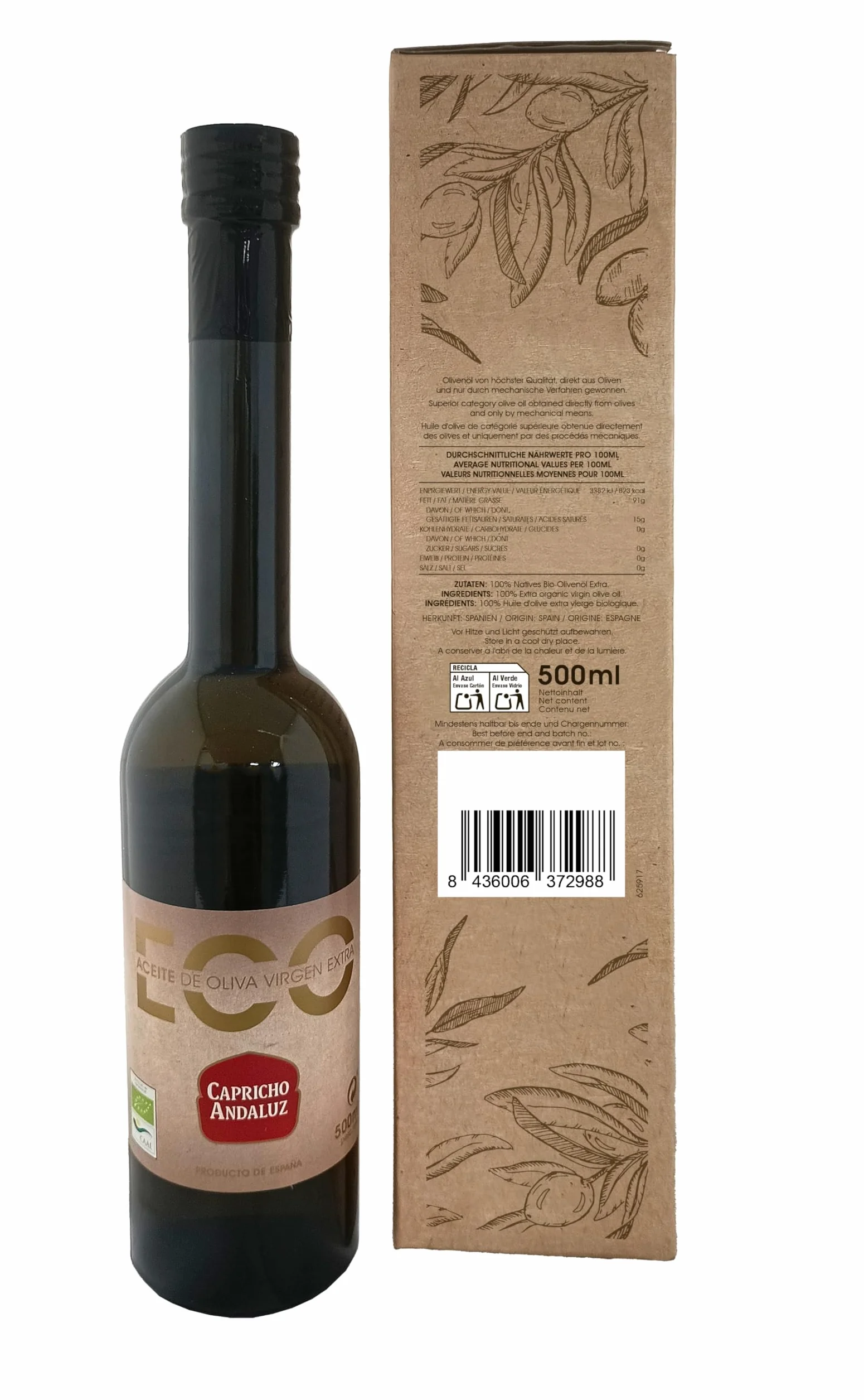 Capricho Andaluz - Aceite de Oliva Virgen Extra Estuche Eco Gourmet de 500 ml, Aporta un Sabor Único a tus Platos con un Formato Exclusivo para Regalar