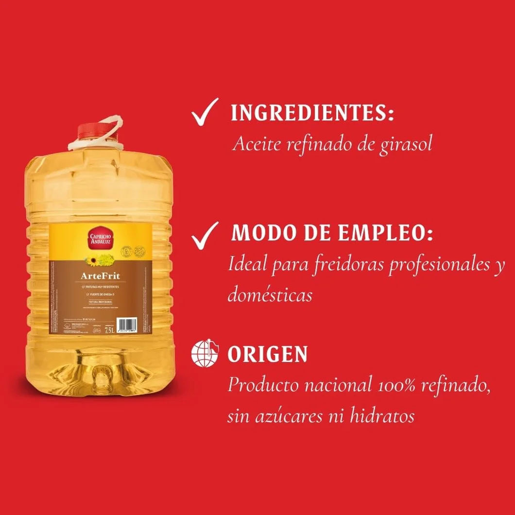 Capricho Andaluz - Aceite de Girasol Alto Oleico Artefrit PET 7,5L, Especial Fritura con Máxima Resistencia al Calor, Limpia, Ligera y Sin Sabores