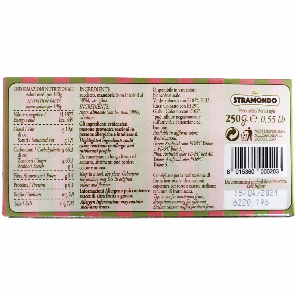 STRAMONDO Mazapán verde 250gr, pasta de almendras blandas, fácil de modelar, adecuado para la realización de frutas de martorana y sujetos de pasta real, Made in Italy, sin gluten