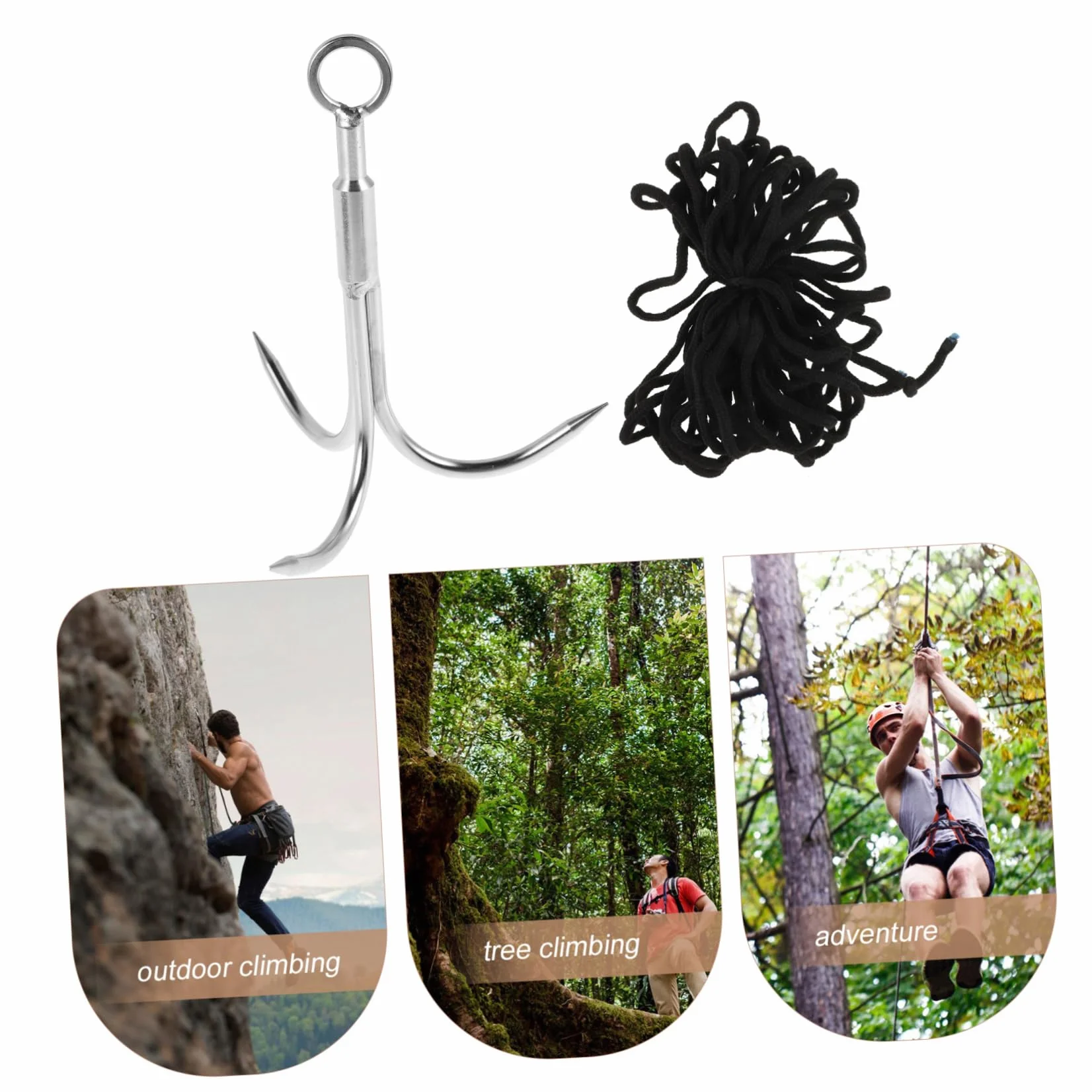 Gancho de Agarre de Tres Puntas de Acero Inoxidable con Cuerda de 10 Metros para Pesca, Escalada y Rescate